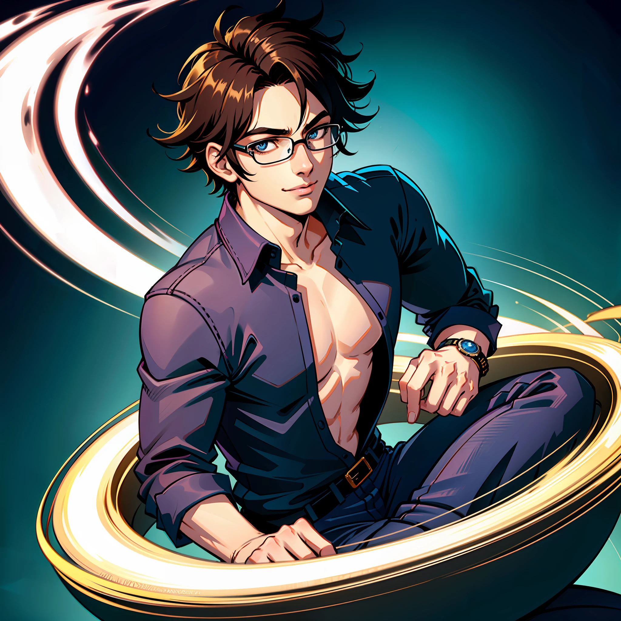 (masterpiece),(best quality:1.0), (ultra highres:1.0), detailed illustration, 8k, anime, 1boy, sitting, hand on cheek, young anime boy, slightly smiling, detailed face, black eyes, anime eyes, perfect eyes, looking at the camera, glasses, wrist watch, blue shirt, open shirt, black turtle neck, restaurant background, half body shot, highly detailed, anime style