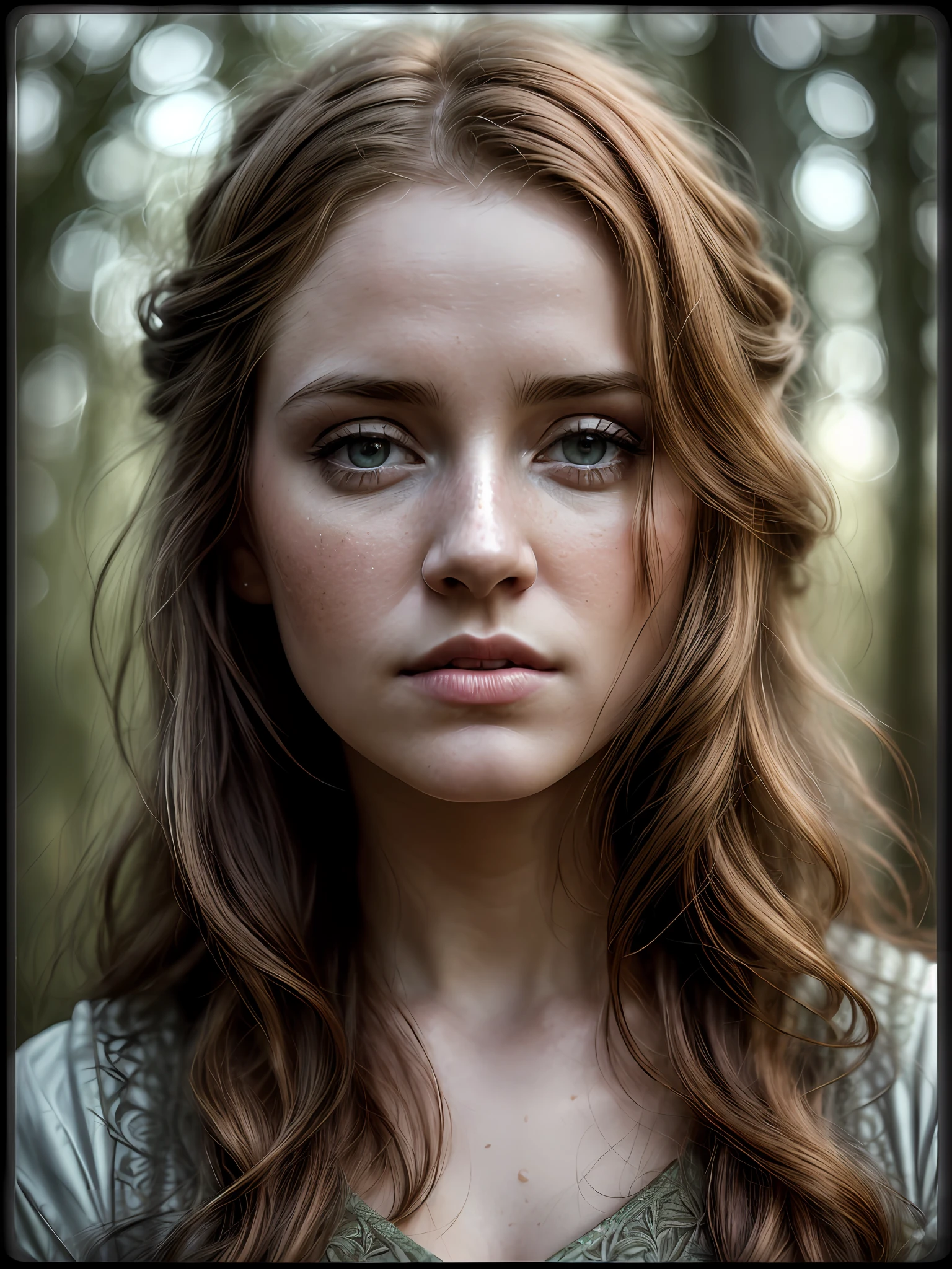 closeup of an irish woman, brigir goddess, wavy ginger hair, wearing olive green medieval dress, winter forest, natural skin texture, 24mm, 4k textures, soft cinematic light, RAW photo, photorealism, photorealistic, intricate, elegant, highly detailed, sharp focus, ((((((square face))))), ((((((cinematic look)))), soft tones, insane details, intricate details, hyperdetailed, low contrast, soft cinematic light, dark colors, exposure mix, HDR, faded