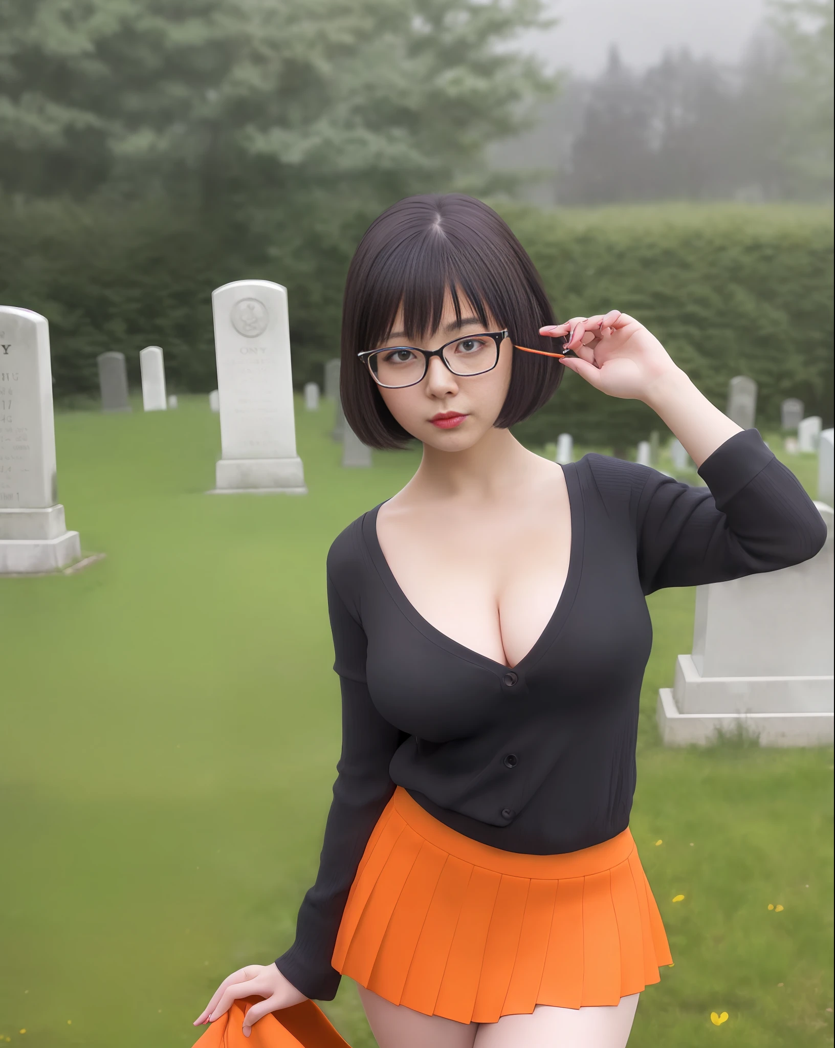 Real life anime girl, Velma from Scooby Doo anime, short black hair, short and open orange color blouse, very sensual, red high school skirt, posing for photo, large breasts, submissive look, perverted smile, glasses, cemetery, fog, , cloudy night, horror weather, suspense, (masterpiece, dramatic lighting, depth of field, ultra detailed and realistic photography,  photograph taken by Sony R7 camera with 85mm lens f1.4), portrait style