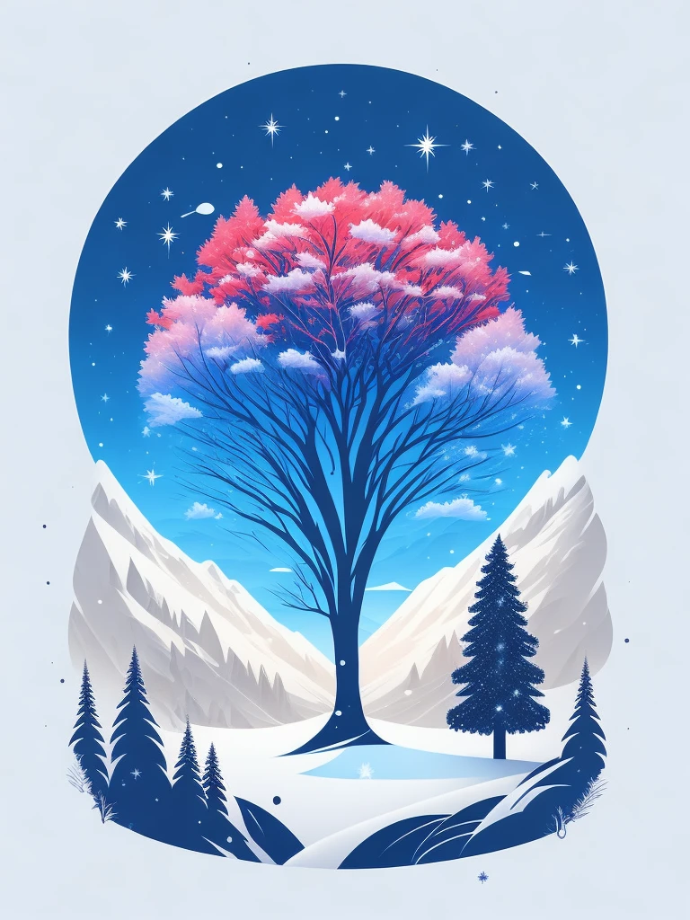 a spruice tree in a winter landscape, tshirt design, rzminjourney, vector-art