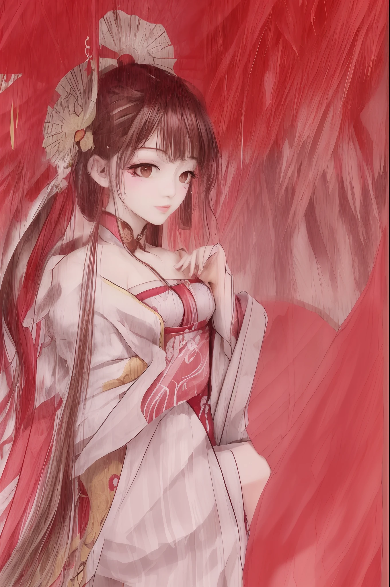Shuke Zouma, 1 female, solo, Shuimobi, bundle, Zhenbanqiao, Badashanren, best, masterpiece, high resolution, detailed eyes, cheongsam, umbrella, beauty, mid-chest, strapless, red lips, hangzhou, cypress year, cypress year background, bamboo, bamboo forest,