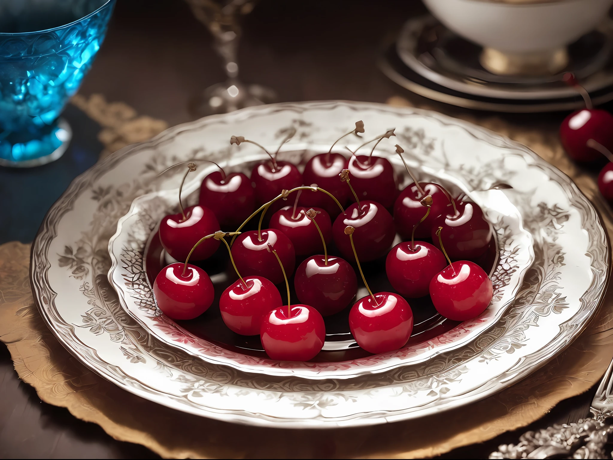 product photography of 10 cherries on a carved glass plate, intricate, epic, highly detailed, vibrant, food photography, epic rendering, octane, accent lights, (backlit: 1.3), (cinematic: 1.3), intricate details, (ArtStation: 1.3)