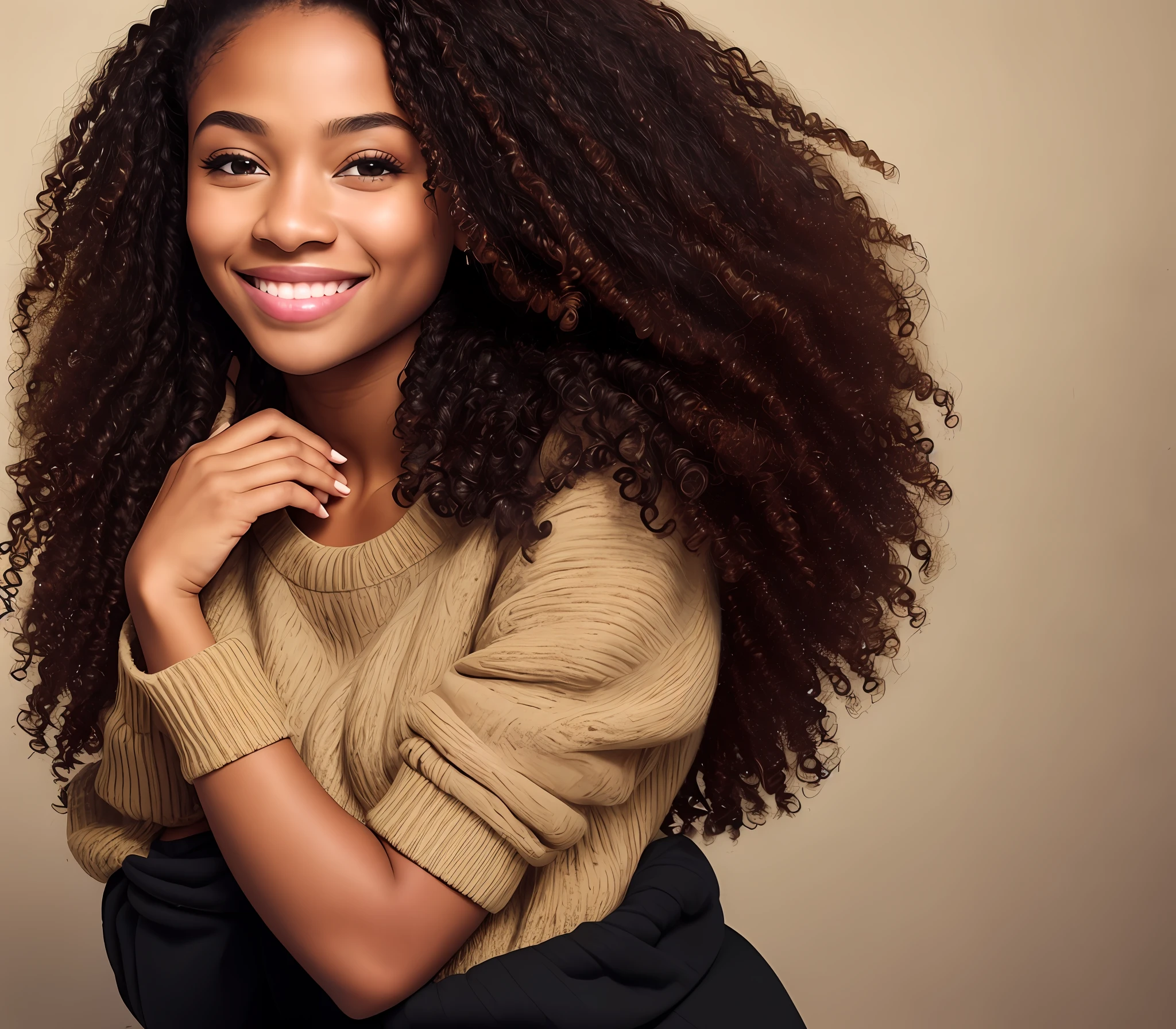 perfect portrait photo of (young black woman)) , best quality, she is wearing a black sweater, soft lighting, gorgeous, brunette woman, wide smile,
highly intricate high definition wallpaper
