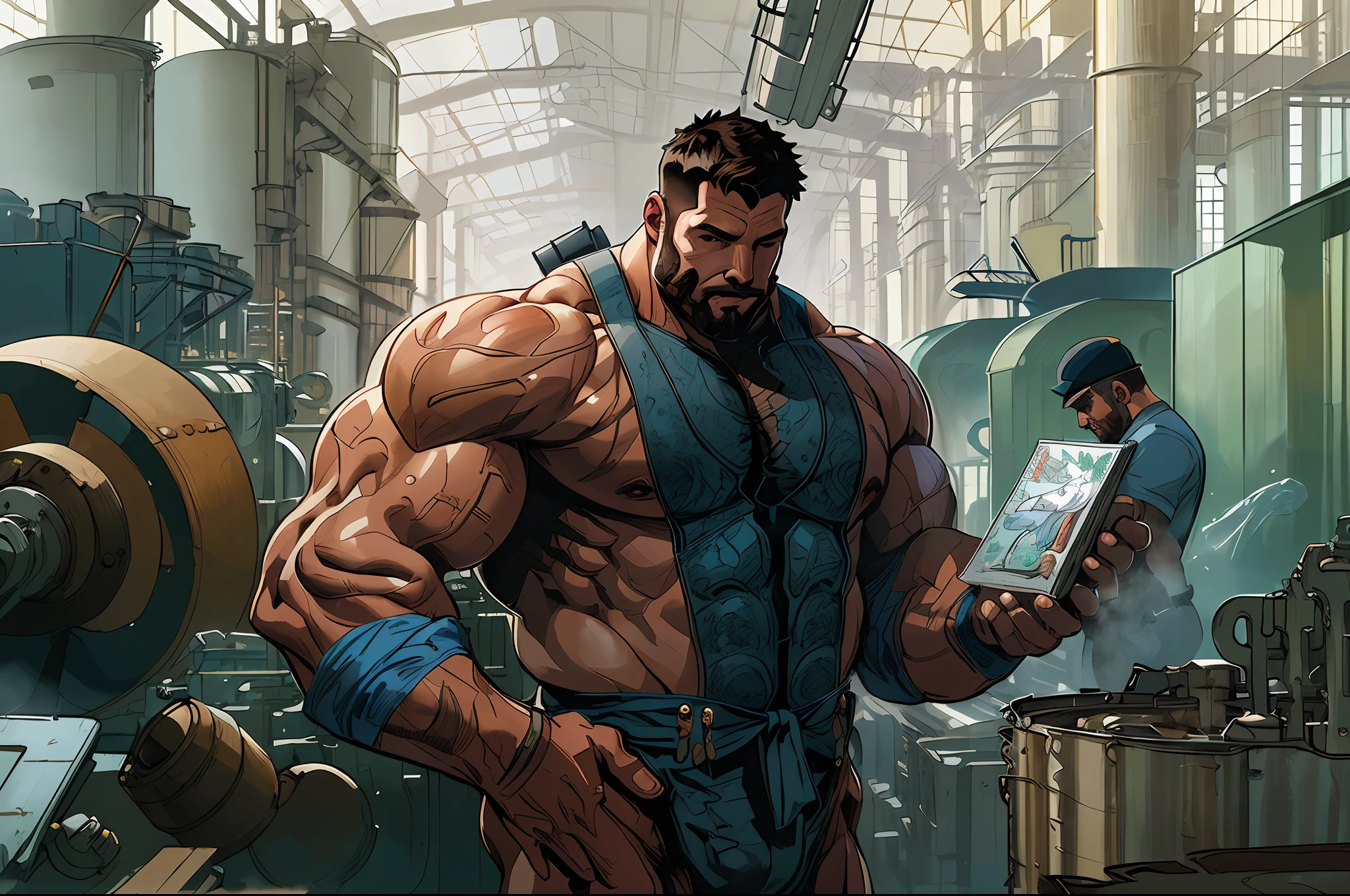 ((factory worker)), (muscular man), giant muscles, , full body portrait, intricate, elegant, highly detailed, digital painting, artstation, concept art, smooth, sharp focus, illustration, art by artgerm and greg rutkowski and alphonse mucha, ((factory worker unifrom))