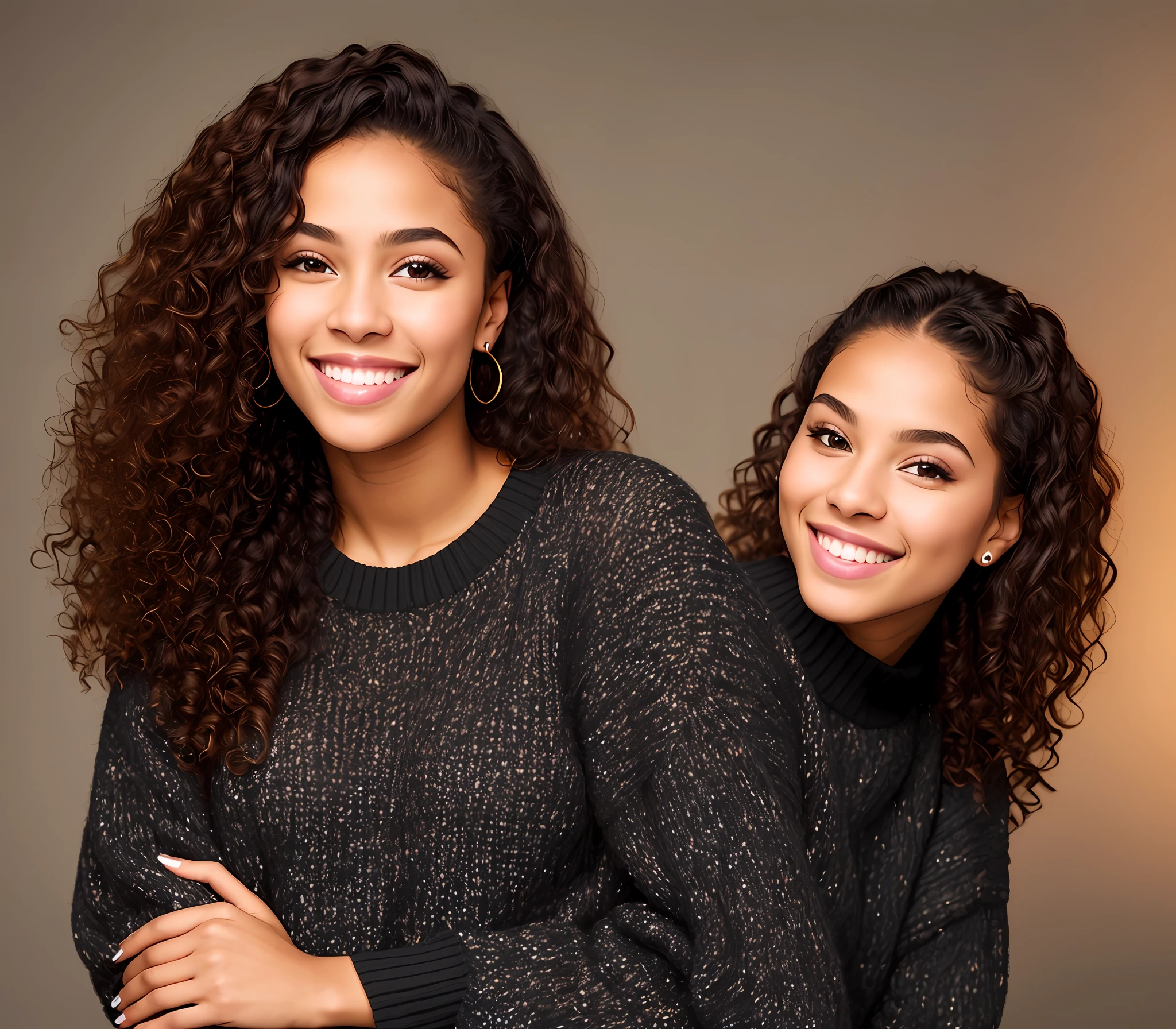perfect portrait photo of (young black woman)) , best quality, she is wearing a black sweater, soft lighting, gorgeous, brunette woman, wide smile,
highly intricate high definition wallpaper