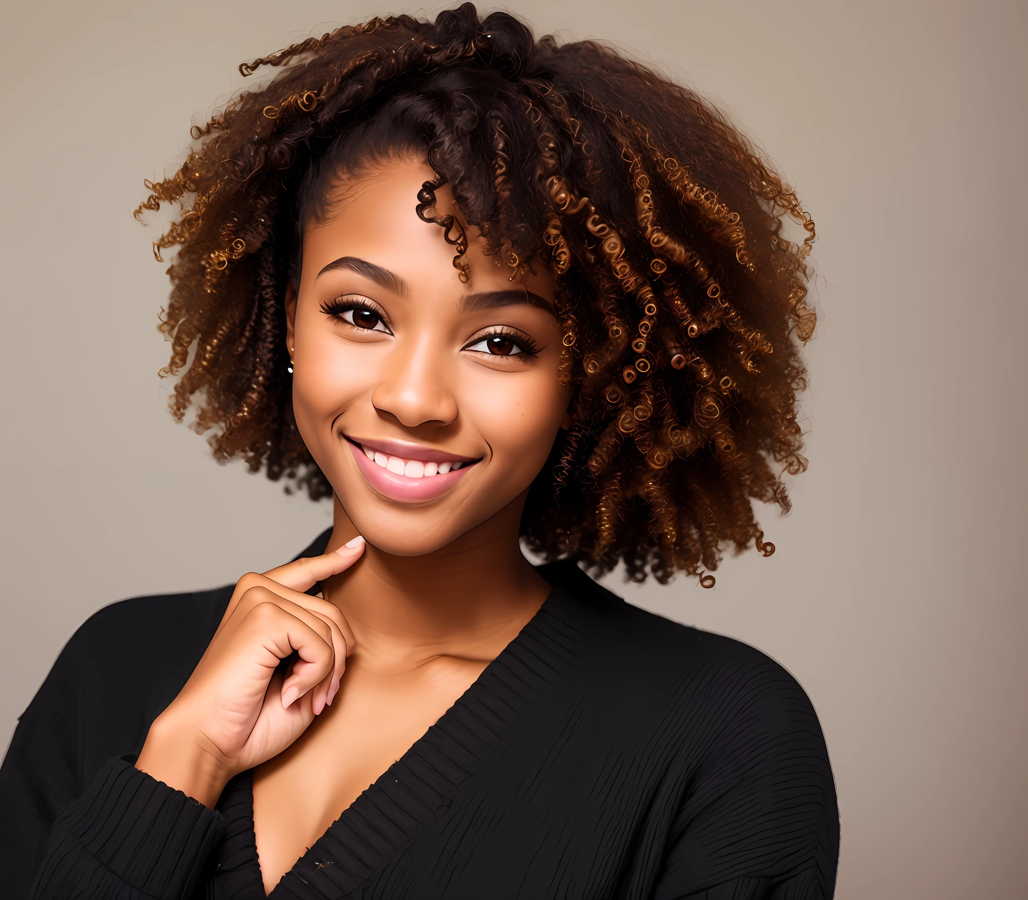 perfect portrait photo of (young black woman)) , best quality, she is wearing a black sweater, soft lighting, gorgeous, brunette woman, wide smile,
highly intricate high definition wallpaper