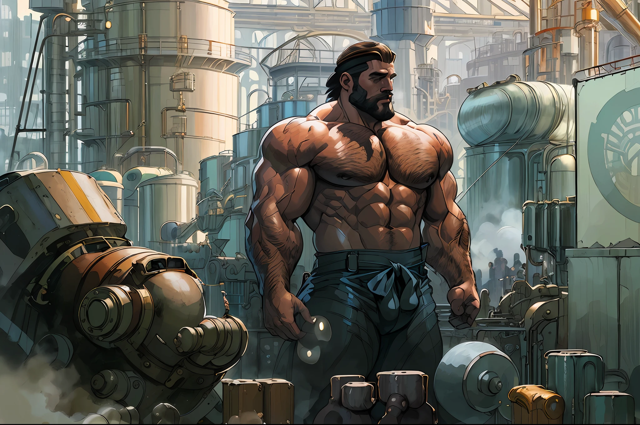 ((factory worker)), (muscular man), giant muscles, sexy, full body portrait, intricate, elegant, highly detailed, digital painting, artstation, concept art, smooth, sharp focus, illustration, art by artgerm and greg rutkowski and alphonse mucha, ((factory worker unifrom))