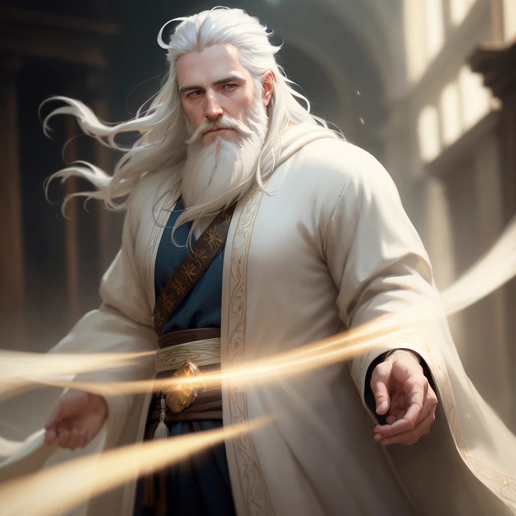 RAW photo, photography, photorealistic, (masterpiece), (extremely intricate), photorealistic photo of a handsome male wizard, short beard, white wizard shirt with golden trim, white robe moving in the wind, long white hair, fully clothed, perfect face, handsome, (perfect composition:1.4), deviantart hd, artstation hd, concept art, detailed face and body, award-winning photography, margins, detailed face, professional oil painting by Ed Blinkey, Atey Ghailan, Jeremy Mann, Greg Manchess, Alex Gray, trending on ArtStation, trending on CGSociety, intricate, high detail, sharp focus, dramatic, award winning matte drawing cinematic lighting octane render unreal engine volumetrics dtx
