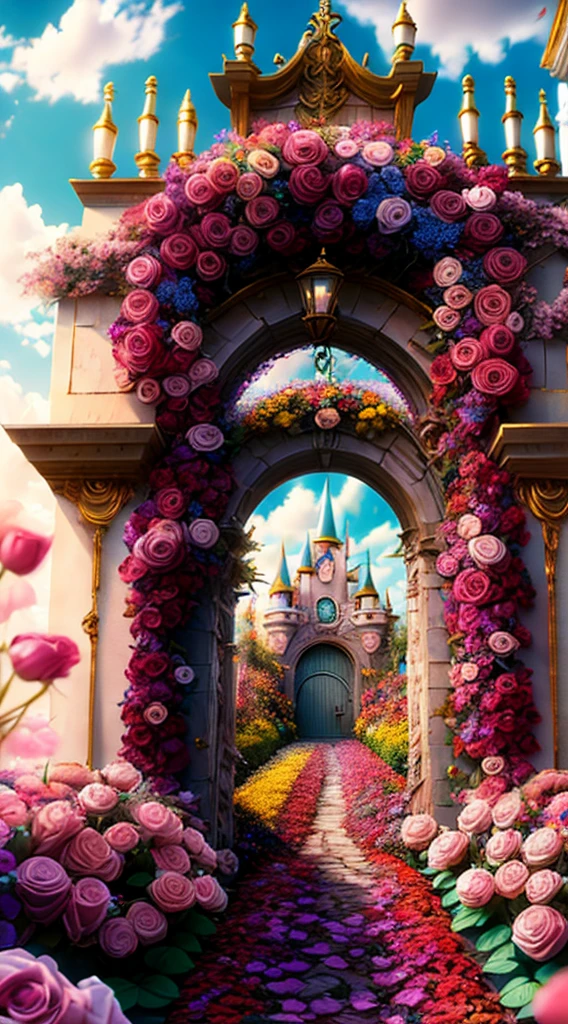 photo (FlowerGateway style:1) The castle entrance is surrounded by flowers, Disney, rose, cinematic, surreal, HD, cool colors, dreamy