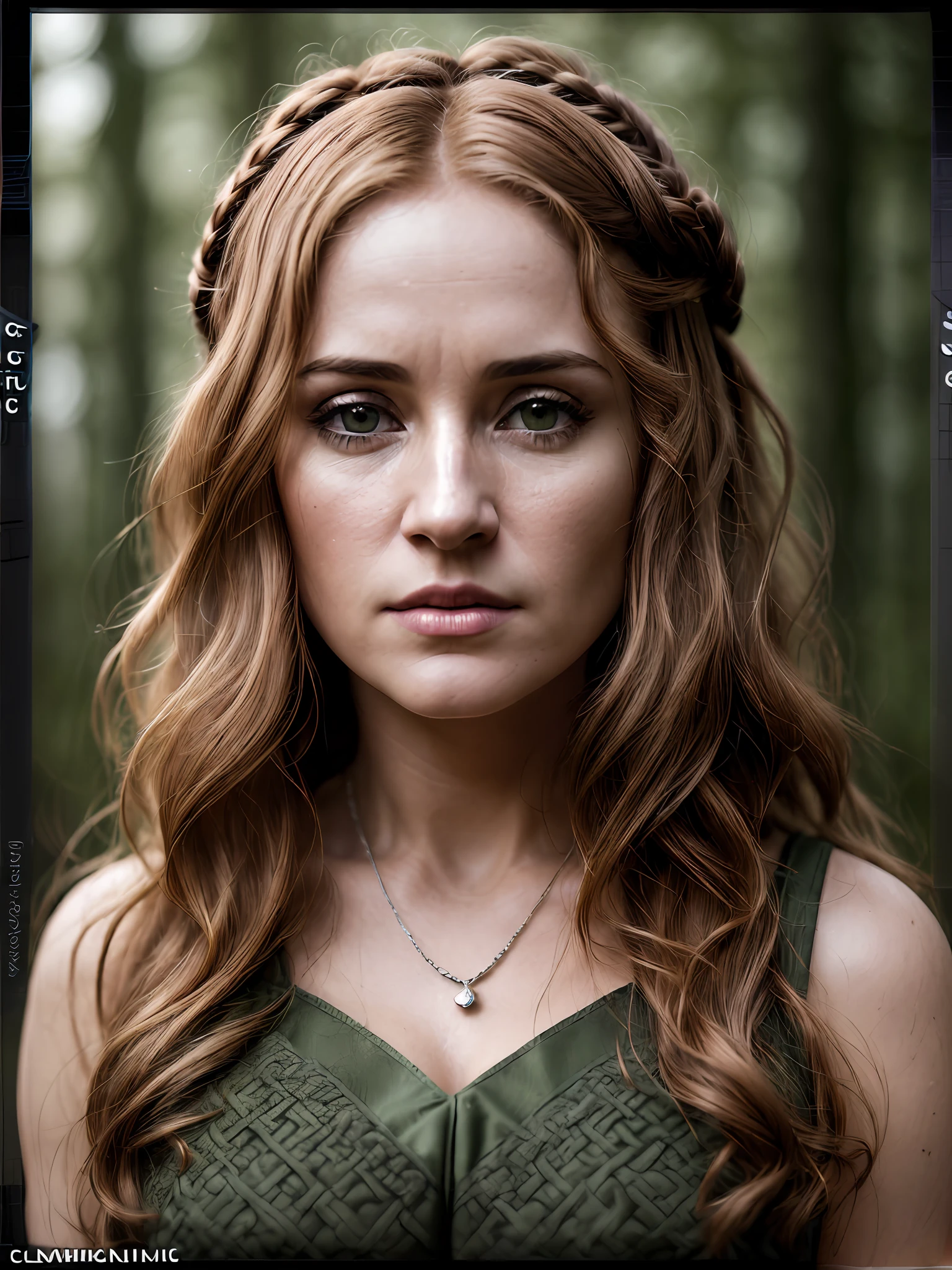closeup of a 42-year-old woman, ((((traits of Irish dadeusa brigit)))), voluminous wavy ginger hair, wearing olive green medieval dress, winter forest, natural skin texture, 24mm, 4k textures, soft cinematic light, RAW photo, photorealism, photorealistic, intricate, elegant, highly detailed, sharp focus, ((((((square face shape))))), ((((((cinematic look)))), soft tones, insane details, Intricate detail, hyperdetailed, low contrast, soft cinematic light, dark colors, exposure mix, HDR, faded