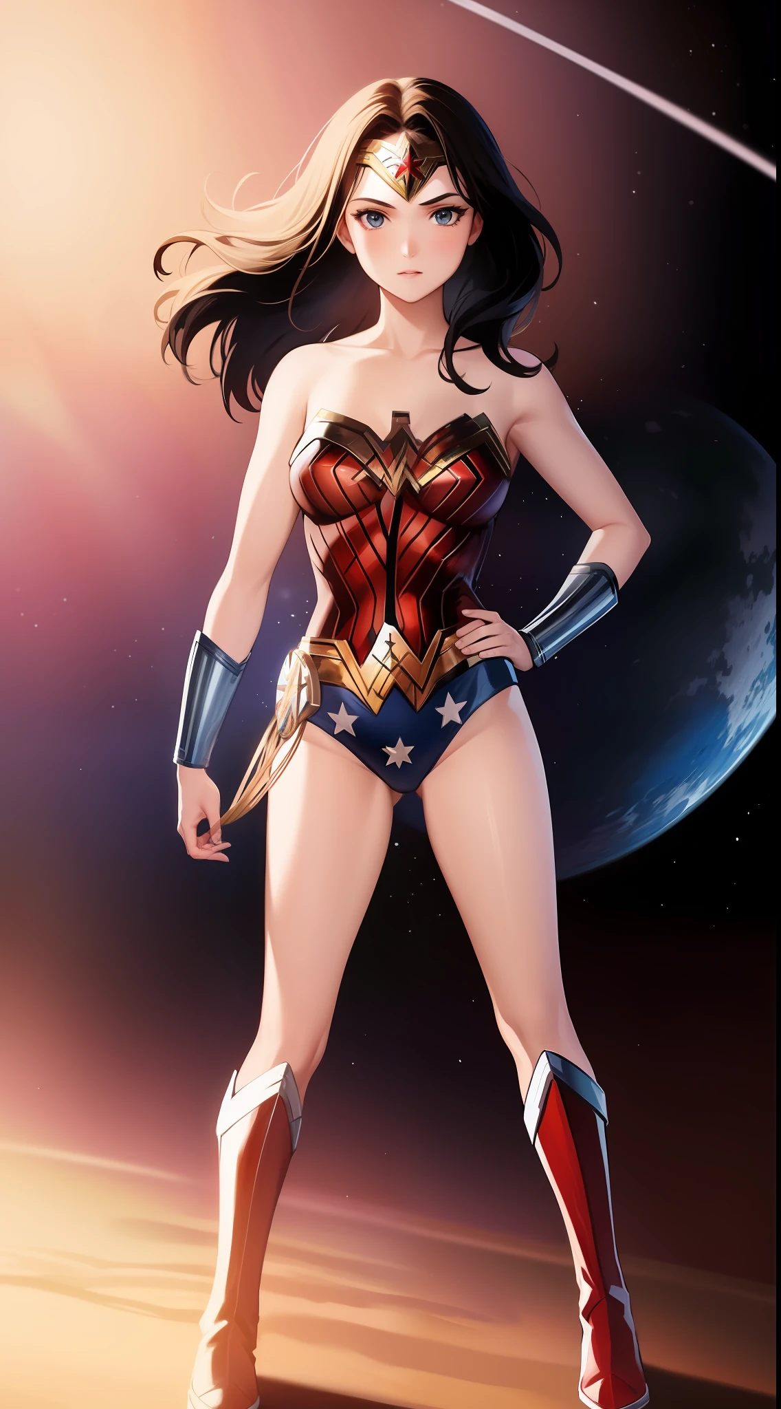 highres, masterpiece, best quality, 1girl, wonder woman, solo, leotard, boots, space, space backdrop, stand, hand on hip, matching boots, full body,
