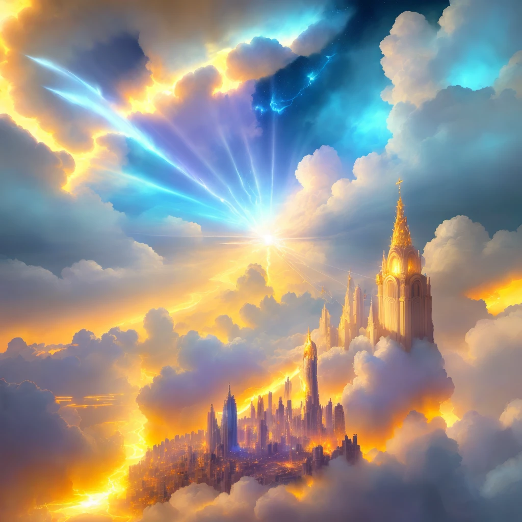 godly light emanating from sky and falling over a city, light made of soft and calid fire, golden fire covering the city, magical, fantasy, digital art, devianart, wide scene, sky over city, celestial, heavenly light, holy, whites and lightblue
