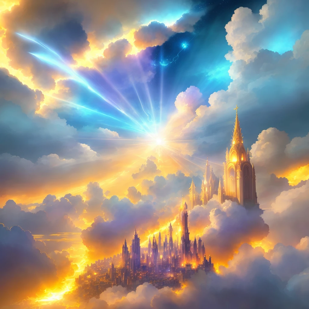 anime city in the sky with a bright sun shining through the clouds, light kingdom backdrop, heaven background, luminous sky heaven background, cathedral of sun, magic portal in the sky, holy city | illustration, atmospheric fantasy sky, sunbeams. digital illustration, palace floating in heaven, among heavenly sunlit clouds, fantasy cityscape, epic dreamlike fantasy landscape
