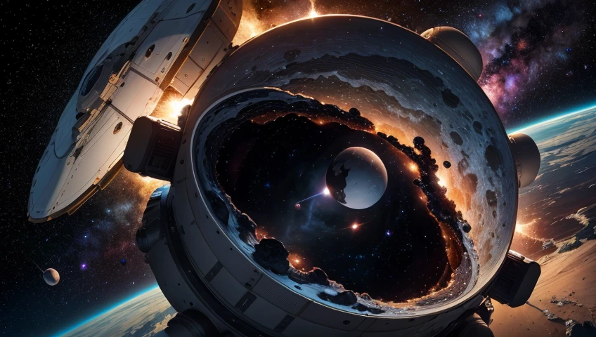tanjoreai ((best quality)), ((masterpiece)), (detailed), science, universe, space, outer space, astronauts, space rocket, satellites, black holes. 8K resolution
