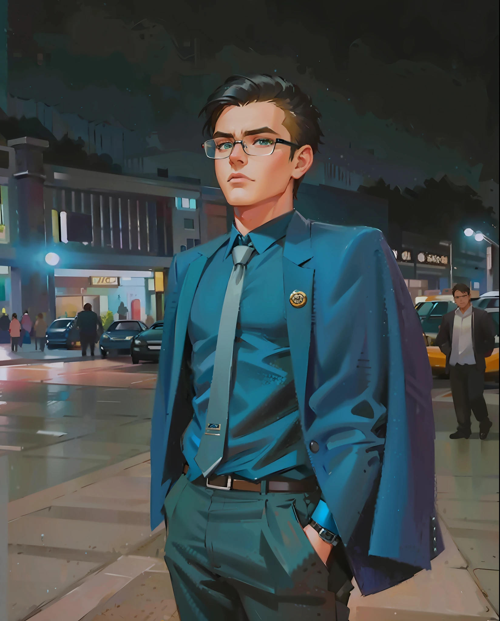 (masterpiece),(best quality:1.0), (ultra highres:1.0), detailed illustration, 8k, anime, 1boy, anime boy, blueish suite, black tie, hands in pocket, jacket over shoulder, detailed face, black pupils, detailed eyes, glasses, wrist watch, detailed, anime style, best quality