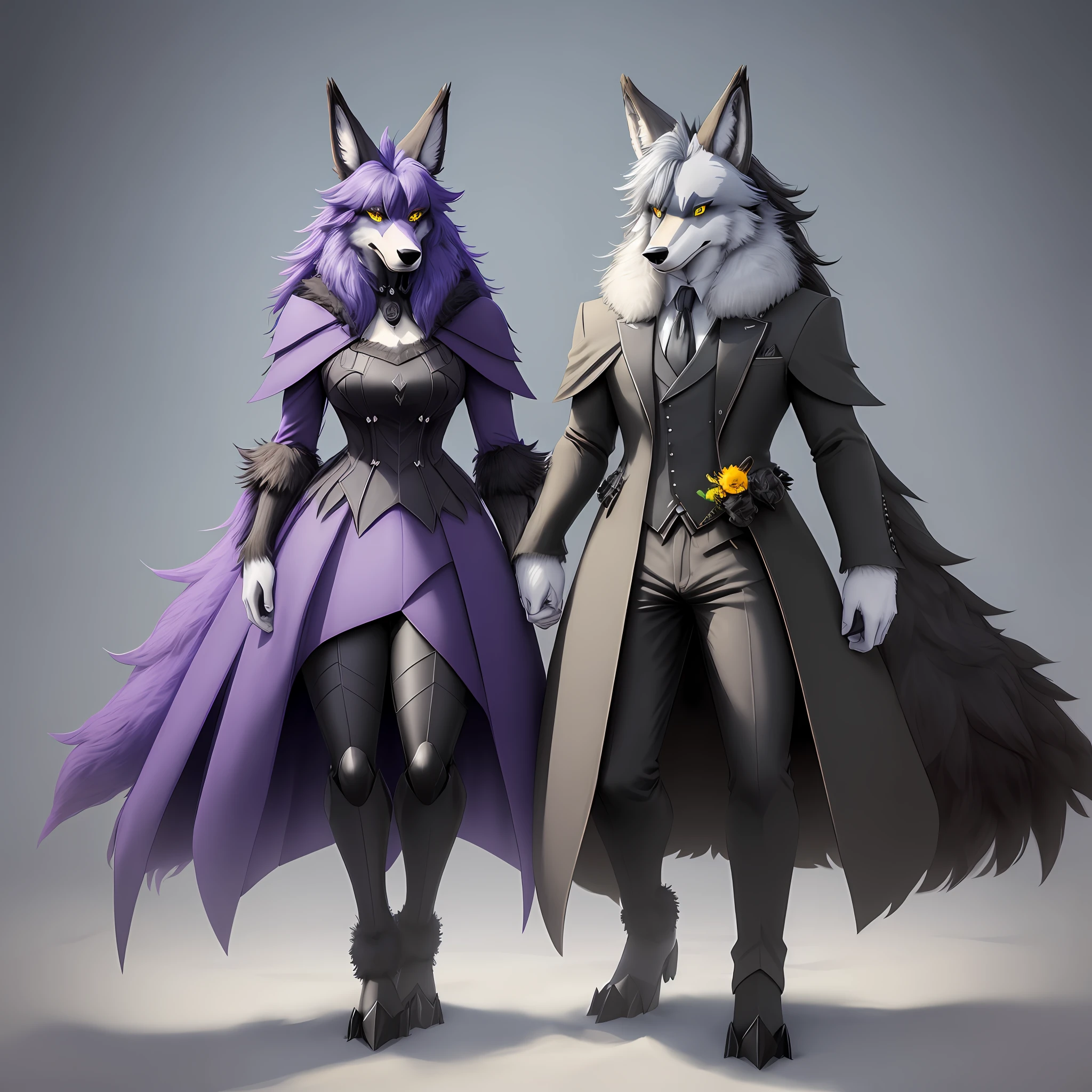 male maned-wolf with dark ash primary color and a blue chest fluff mane fluff, a professional cartoony-furry drawing, with a dark ash face, blue aesthetic fur and yellow-backed green eyes, fursona art, anthropomorphic wolf character, thick furry neck and chest fluff, an anthro wolf, anthro character portrait, maned-wolf in a gothic suit. Next to a purple protogen-anthro, with a digital face, and soft ears coming out of the back protogen. 2 people