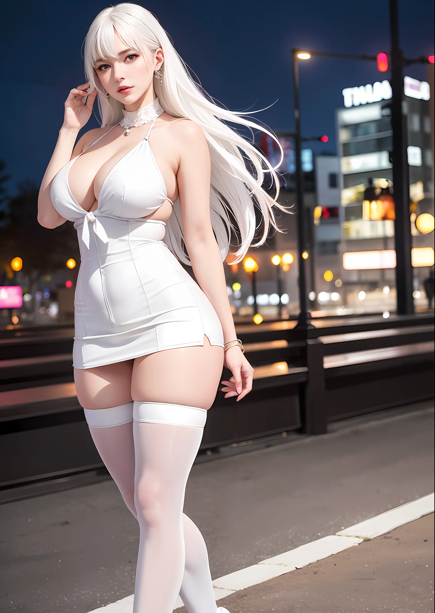 (8k, RAW photo, best quality, masterpiece: 1.2), (realistic: 1.3), (photorealistic: 1.3), ultra detailed, (high detail skin: 1.2), 8k uhd, DSLR, soft lighting, high quality, film grain, Fujifilm XT3, best quality, beautiful lighting, 1girl, long hair, side_swept_hair, ((white hair)), pink eyes, normal ears, cocky, full body, medium breasts, exposed décolletage, outdoor, city, posing, night, thick thighs, pretty legs, beautiful legs, bright legs, teasing with legs, black leather mini skirt, white shirt, open shirt, business woman, white shirt, tie, bracelet, necklace, high heels, stilettos, walking, looking into the distance, elegant woman, beautiful woman, white tights, white leather long boots