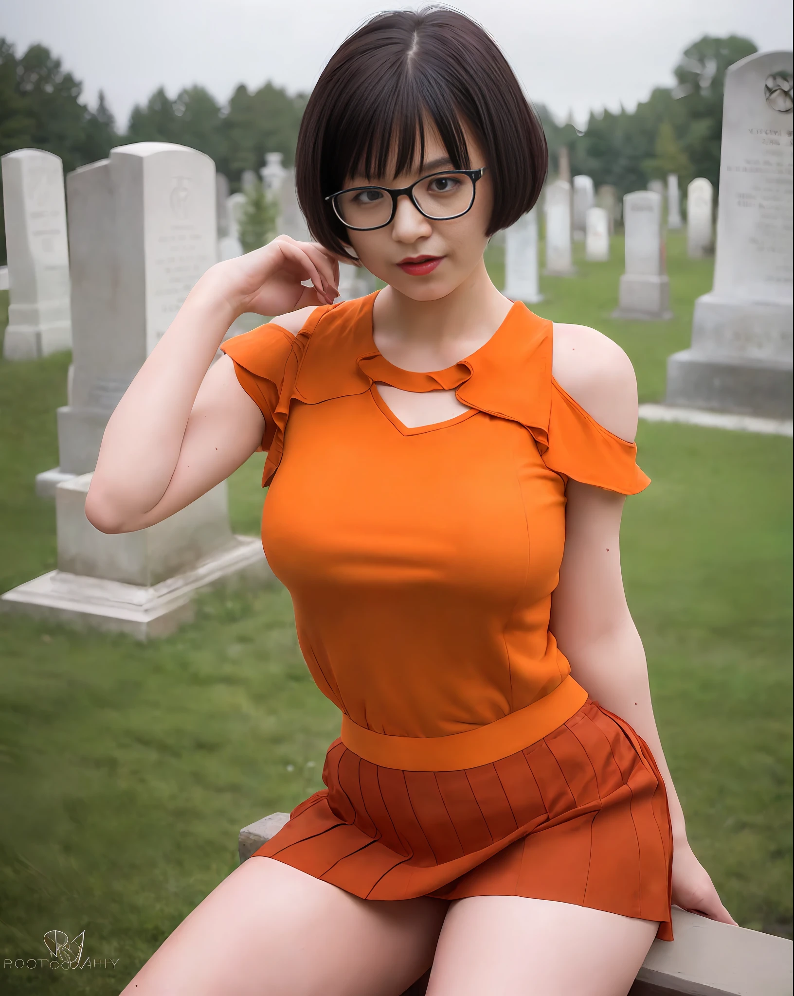Excited perverted girl, Velma from Scooby Doo anime, western facial features, short black hair, short and open orange color blouse, very sensual, red high school skirt, posing for photo, large breasts, submissive look, perverted smile, glasses, cemetery, fog, , cloudy night, climate of terror, suspense, (masterpiece, dramatic lighting, depth of field, ultra detailed and realistic photography, photograph taken by Sony R7 camera with 85mm lens f1.4), portrait style
