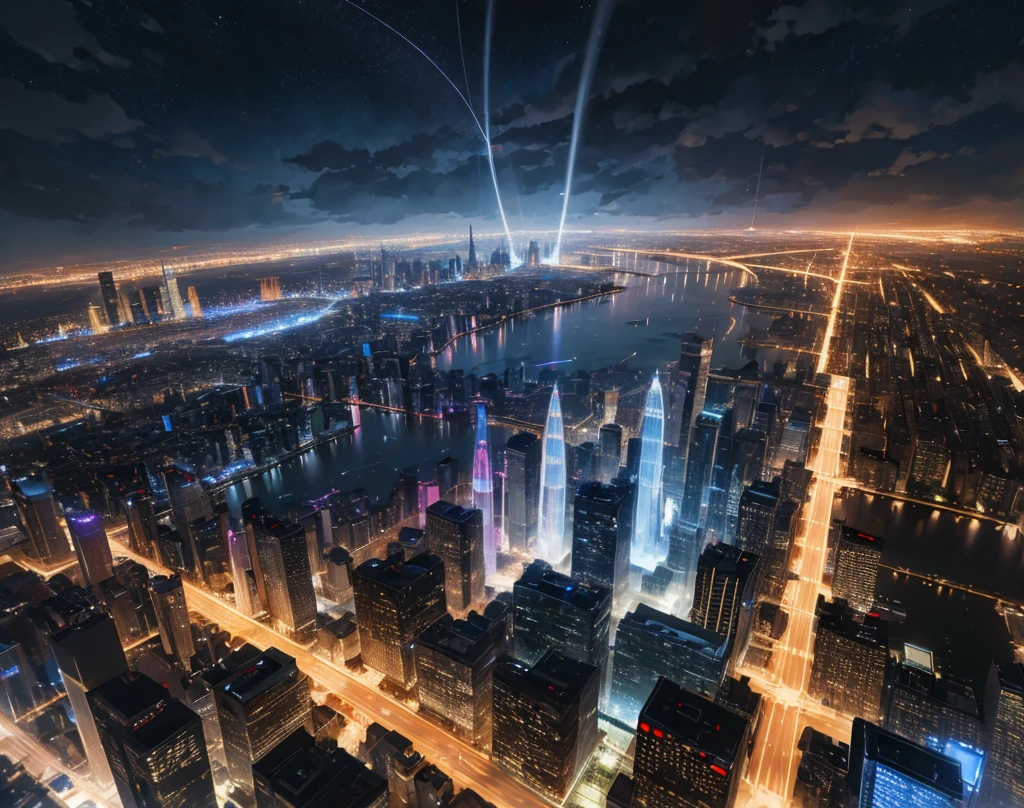 (absurdres, highres, ultra detailed), science fiction, long shot, futuristic city, nighttime, glass towers soar into the sky, lights, ribbons of light flow represent hovering cars flying between the towers. night sky, clouds, rain, reflections, city seems endless