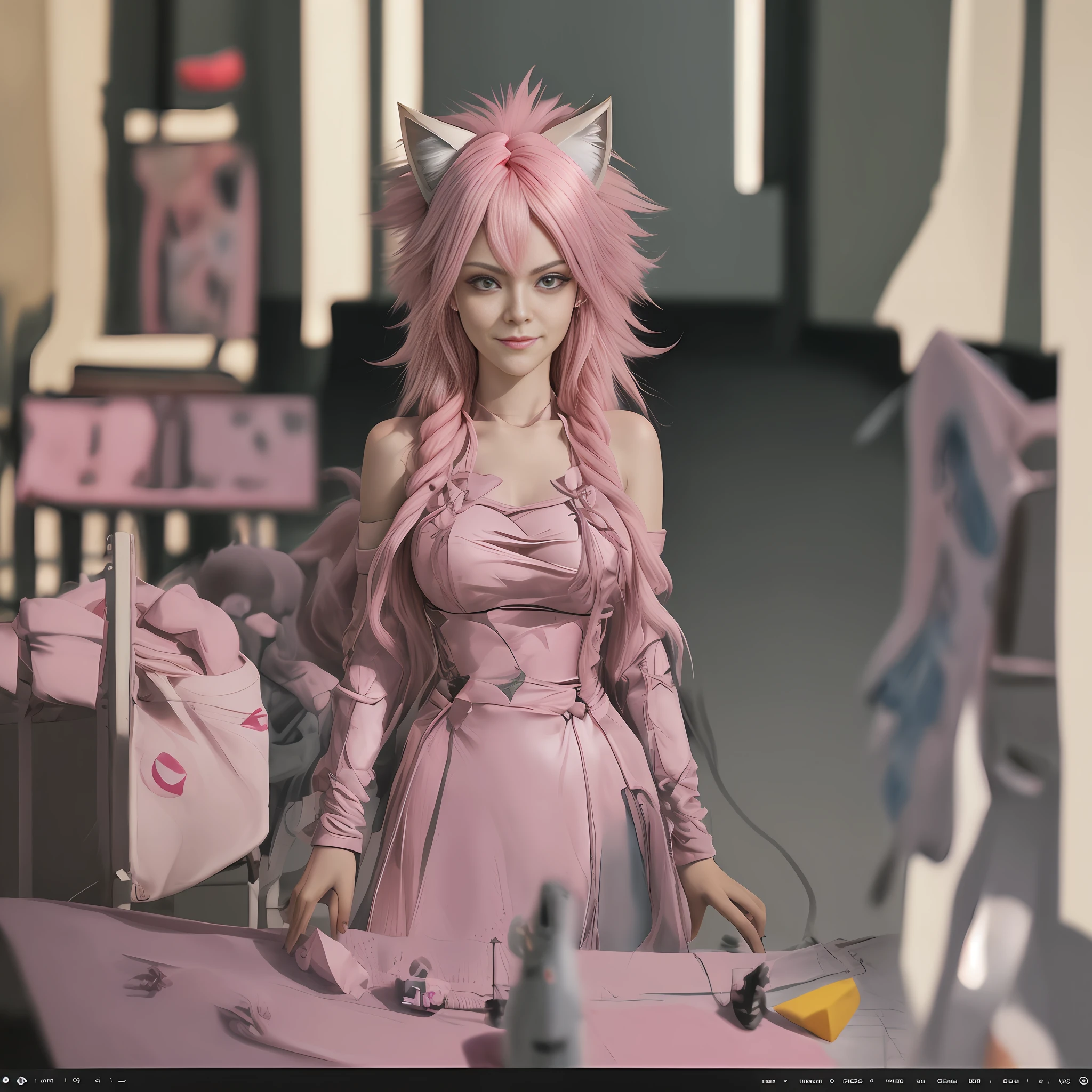 pink hair, big hair, rolling eyes, fake animal ears, light smile, Surrealism, modern, god rays, ray tracing, character chart, first-person view, best quality