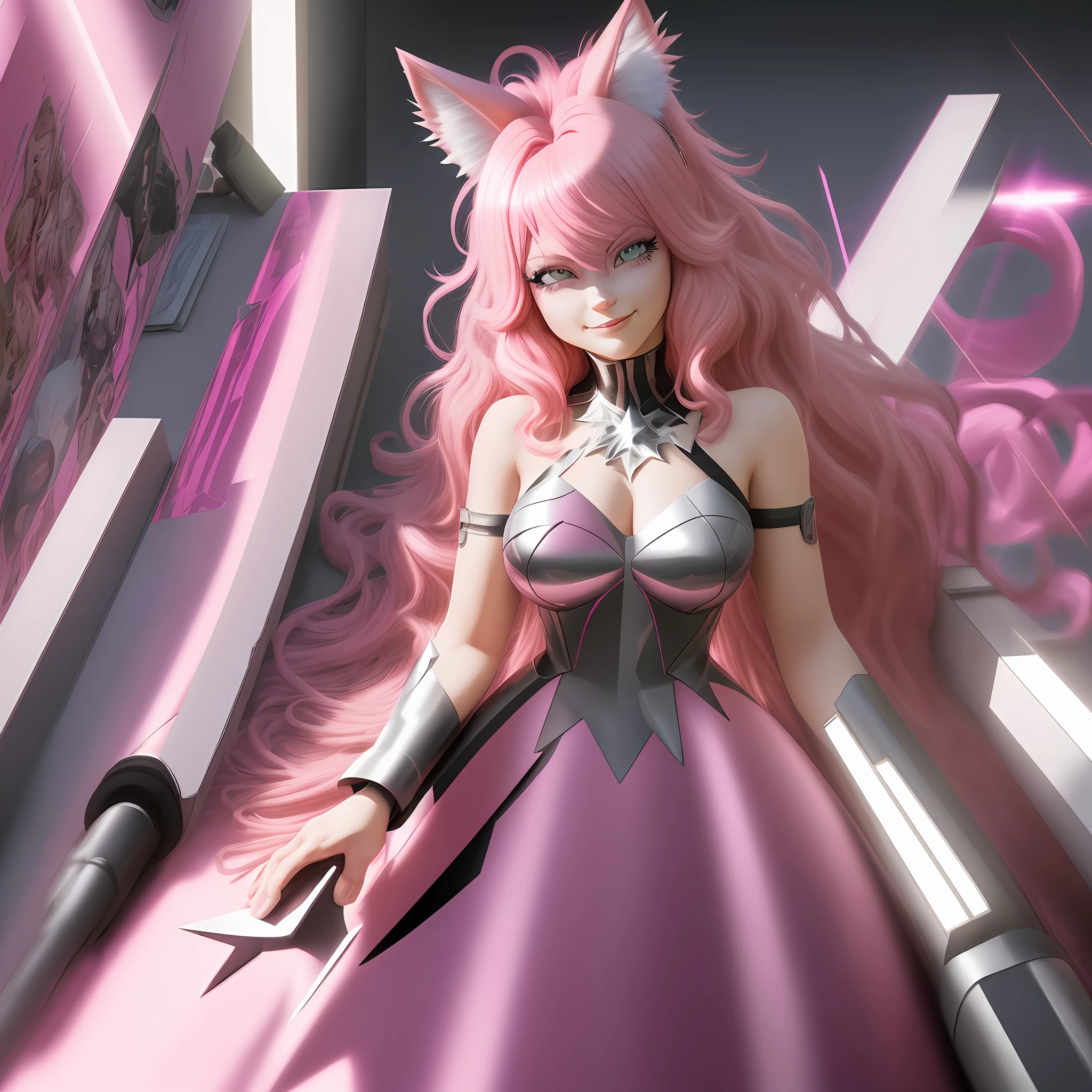 pink hair, big hair, rolling eyes, fake animal ears, light smile, Surrealism, modern, god rays, ray tracing, character chart, first-person view, best quality