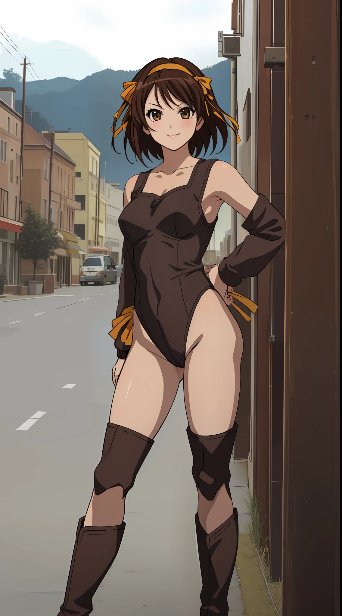 masterpiece, best quality, highres, 1girl, solo, superhero, leotard, bare legs, brown hair, short hair, brown eyes, hairband, medium hair, ribbon, boots, matching boots, medium breasts, cowboy shot, standing, smile, city backdrop, haruhi suzumiya, kyoani haruhi style, sleeveless,