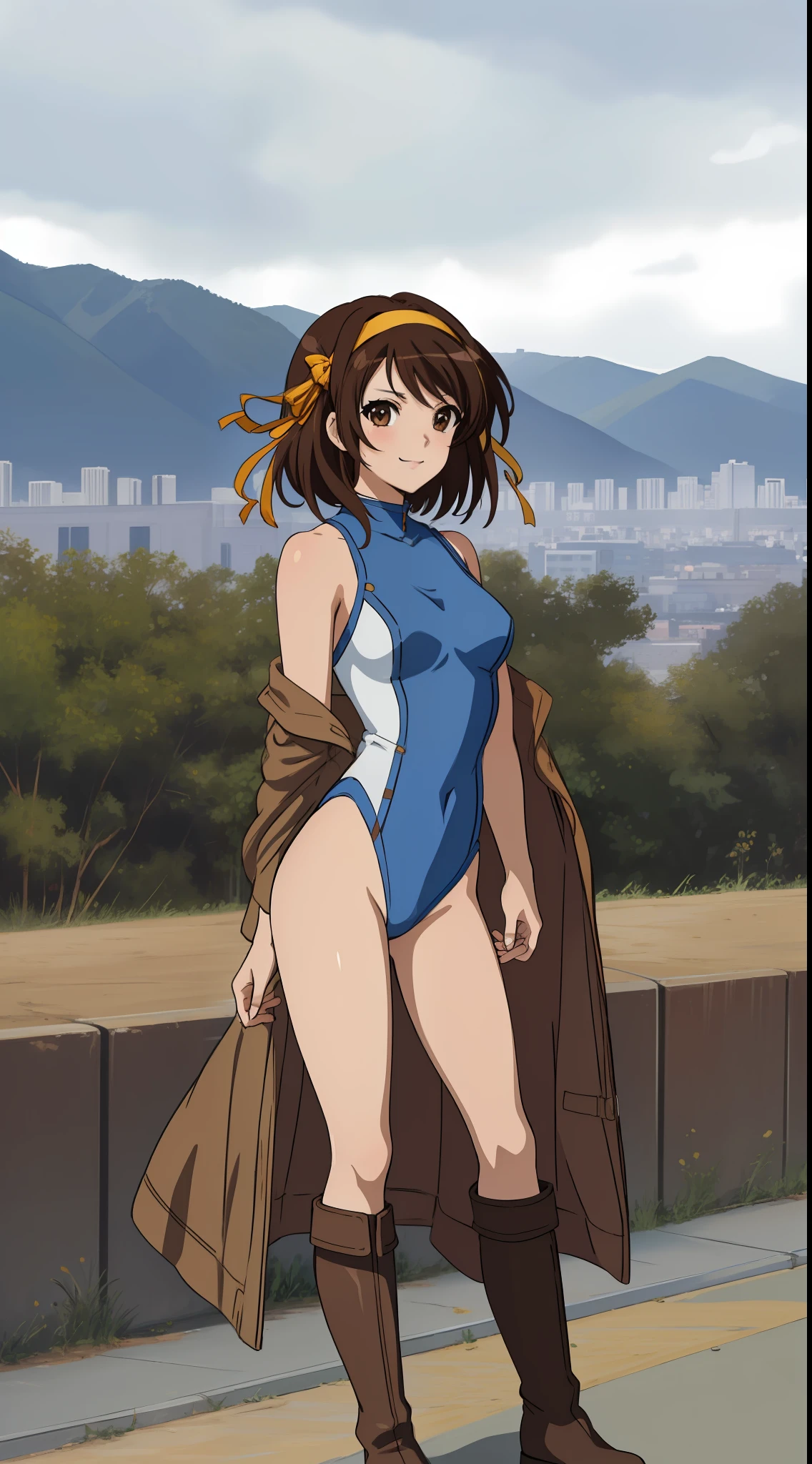 masterpiece, best quality, highres, 1girl, solo, superhero, leotard, bare legs, brown hair, short hair, brown eyes, hairband, medium hair, ribbon, boots, matching boots, medium breasts, cowboy shot, standing, smile, city backdrop, haruhi suzumiya, kyoani haruhi style, sleeveless,
