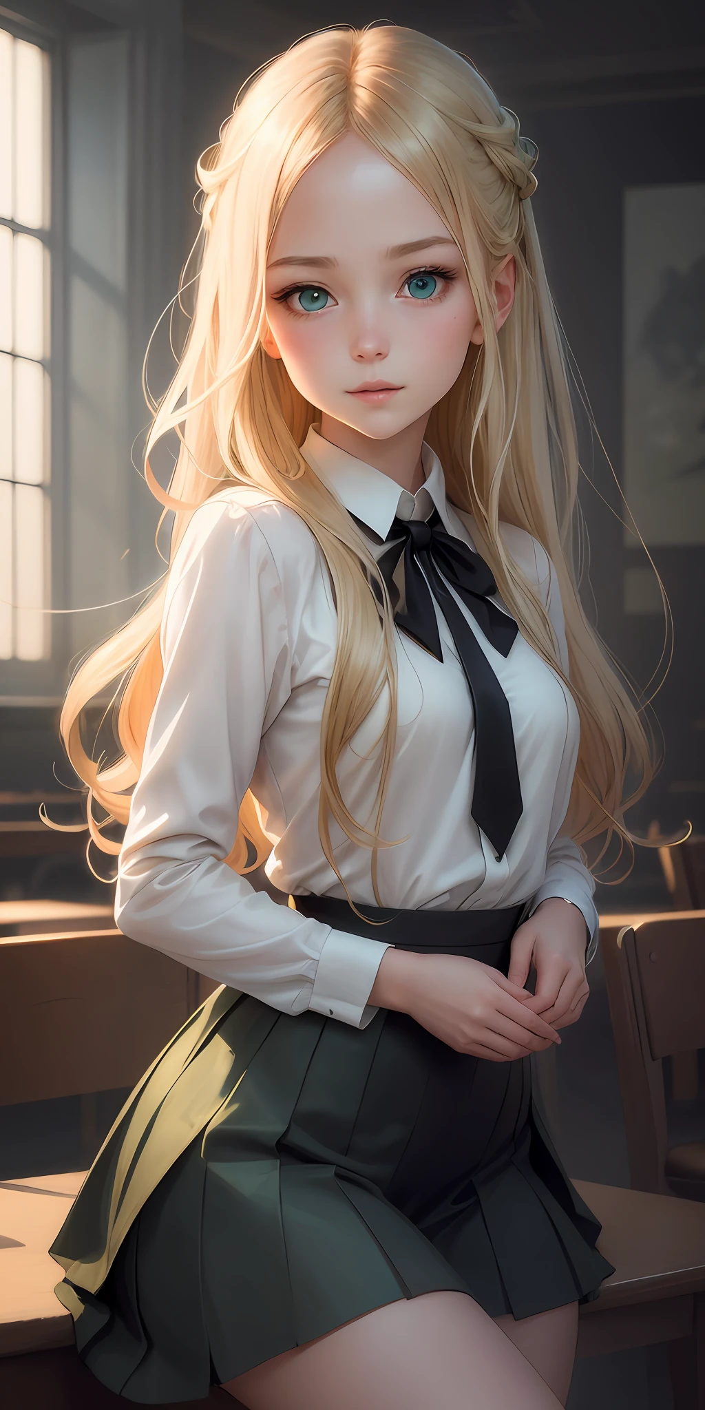 Imagine a stunning illustration inspired by the art style of Wlop and Oh! Great. In it, a pretty girl with long blonde hair, simple, green eyes, is depicted wearing a charming school uniform. His soft and serene expression conveys an aura of delicacy. It is in a typical Wlop art scene, with futuristic and fantastic elements blended harmoniously. The lighting is carefully crafted to highlight the girl's beauty, creating a play of shadows and highlights that accentuate her facial features and the softness of her hair. The overall atmosphere of the image is mysterious and enchanting, enveloping the character in a captivating environment and filled with vibrant colors.