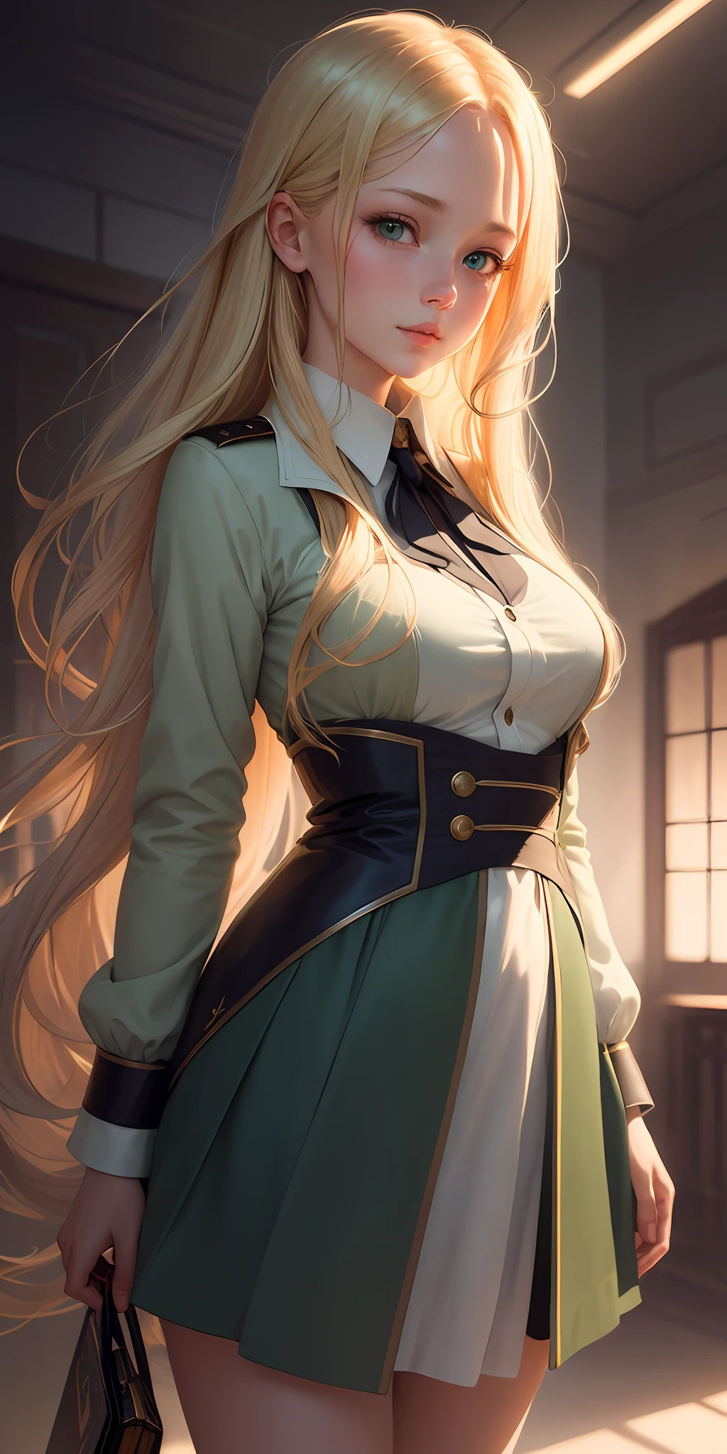 Imagine a stunning illustration inspired by the art style of Wlop and Oh! Great. In it, a pretty girl with long blonde hair, simple, green eyes, is depicted wearing a charming school uniform. His soft and serene expression conveys an aura of delicacy. It is in a typical Wlop art scene, with futuristic and fantastic elements blended harmoniously. The lighting is carefully crafted to highlight the girl's beauty, creating a play of shadows and highlights that accentuate her facial features and the softness of her hair. The overall atmosphere of the image is mysterious and enchanting, enveloping the character in a captivating environment and filled with vibrant colors.