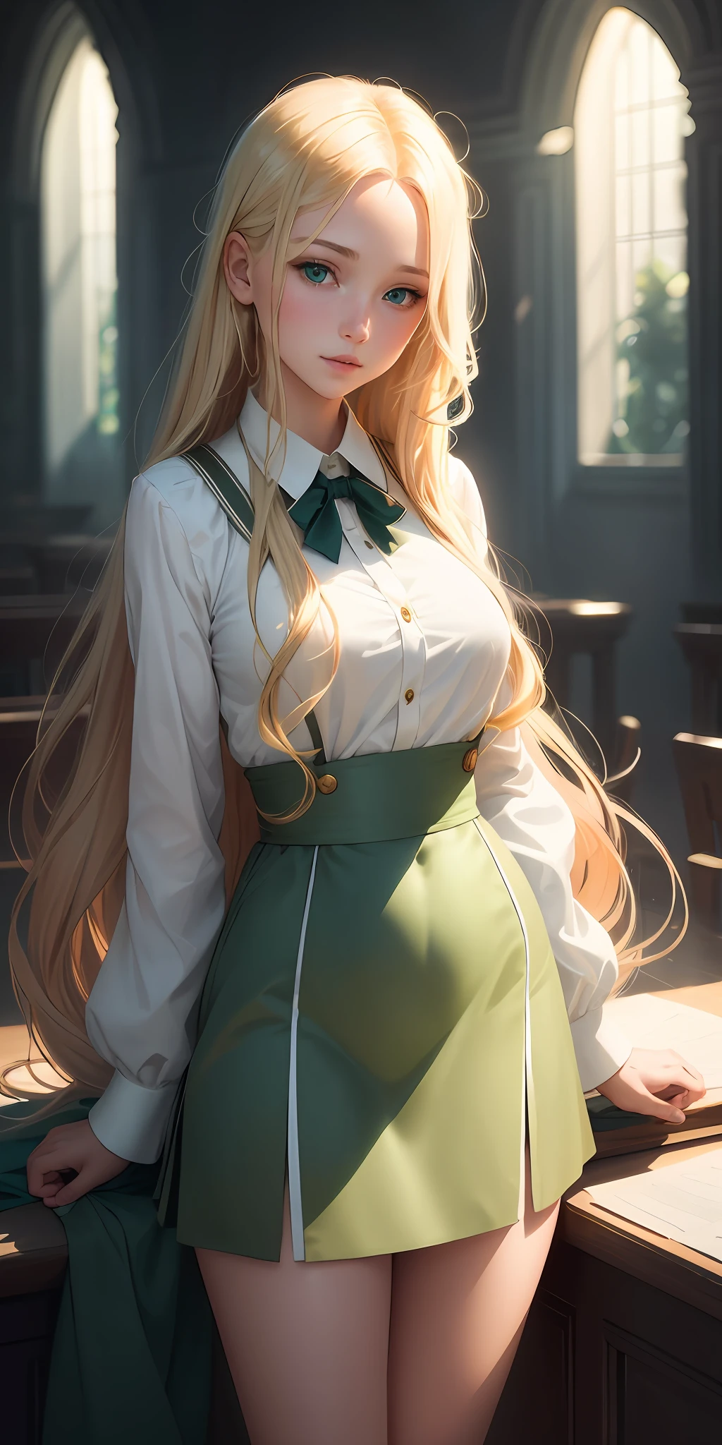 Imagine a stunning illustration inspired by the art style of Wlop and Oh! Great. In it, a pretty girl with long blonde hair, simple, green eyes, is depicted wearing a charming school uniform. His soft and serene expression conveys an aura of delicacy. It is in a typical Wlop art scene, with futuristic and fantastic elements blended harmoniously. The lighting is carefully crafted to highlight the girl's beauty, creating a play of shadows and highlights that accentuate her facial features and the softness of her hair. The overall atmosphere of the image is mysterious and enchanting, enveloping the character in a captivating environment and filled with vibrant colors.