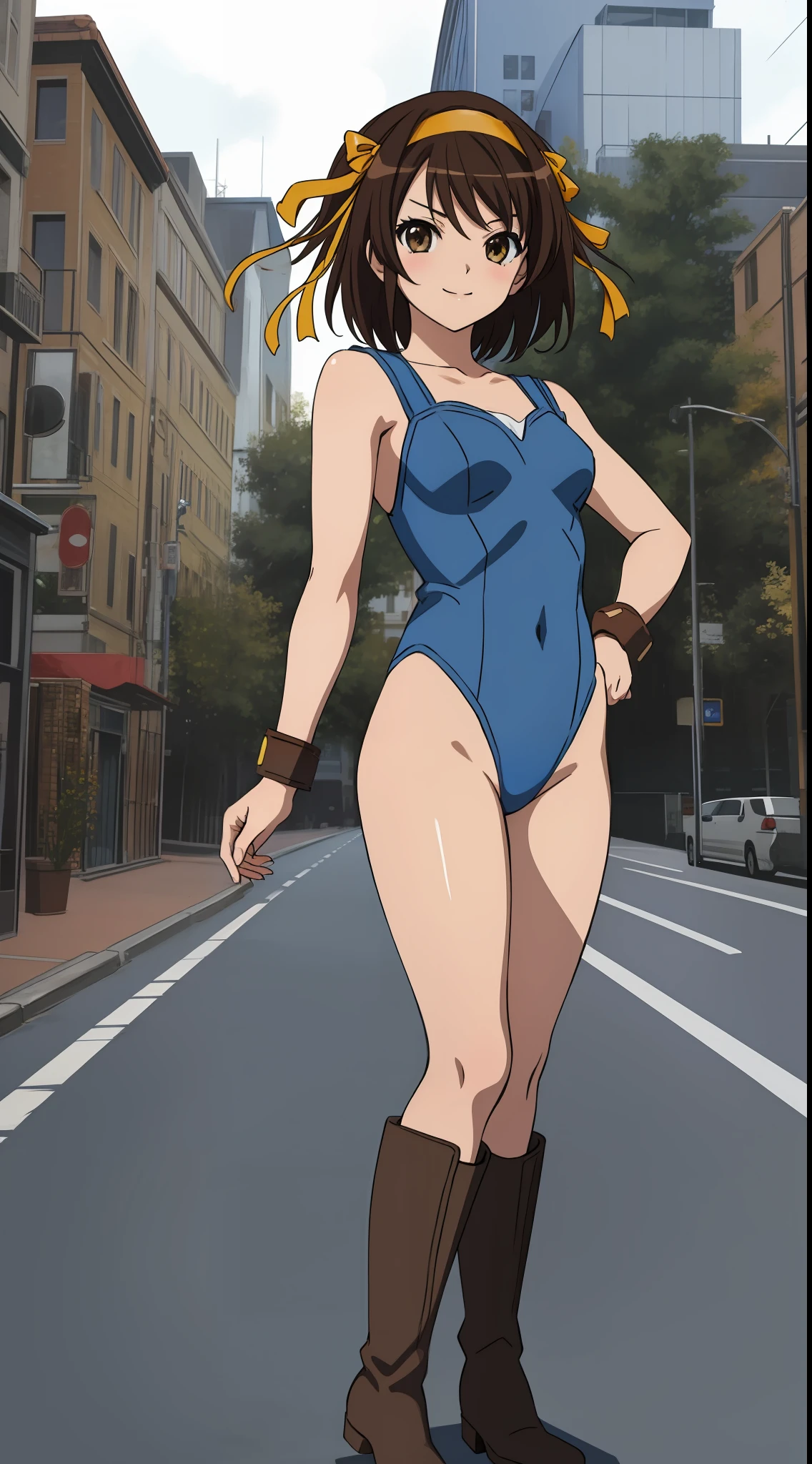 masterpiece, best quality, highres, 1girl, solo, superhero, leotard, blue leotard, bare legs, brown hair, short hair, brown eyes, hairband, medium hair, ribbon, boots, matching boots, blue boots, medium breasts, cowboy shot, standing, smile, city backdrop, haruhi suzumiya, kyoani haruhi style, sleeveless,