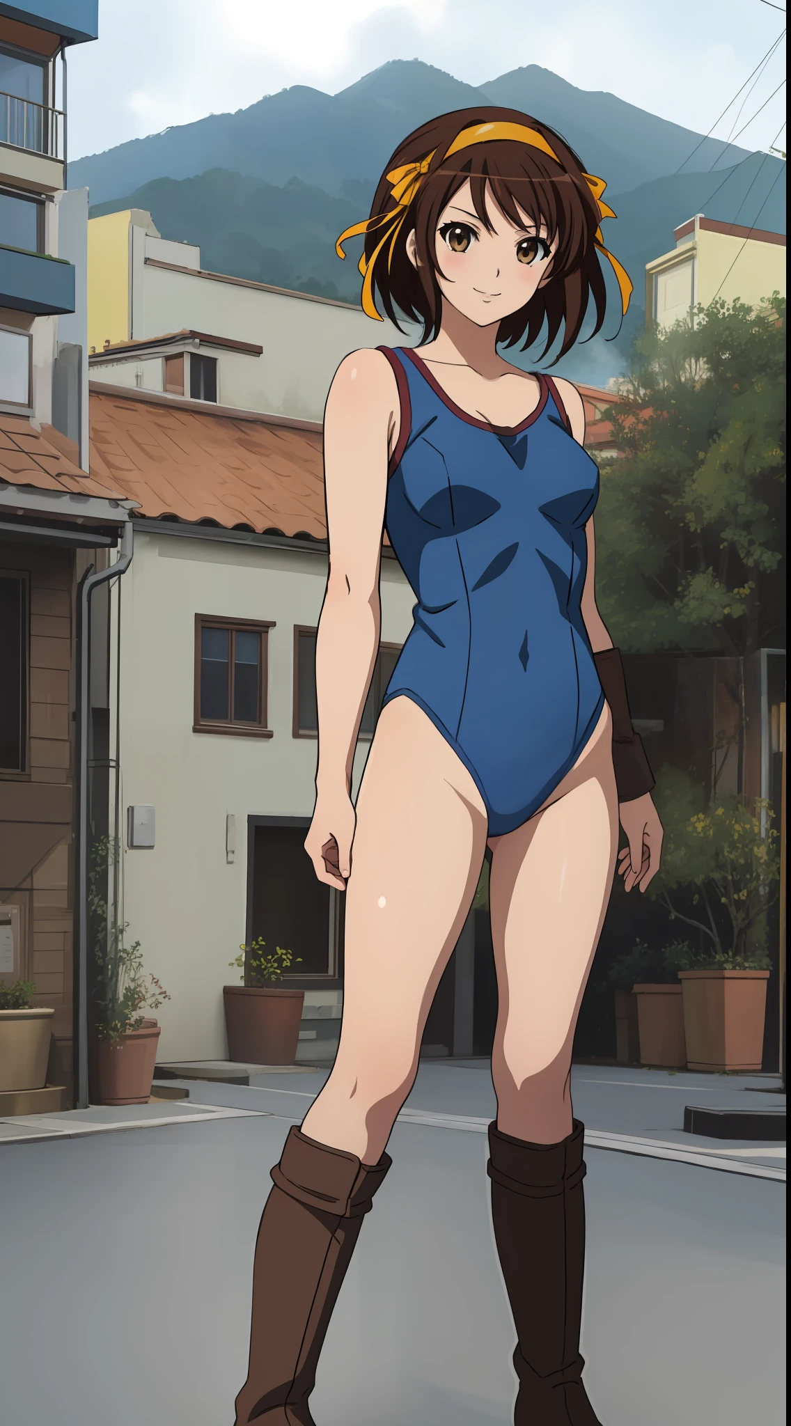 masterpiece, best quality, highres, 1girl, solo, superhero, leotard, blue and white leotard, bare legs, brown hair, short hair, brown eyes, hairband, medium hair, ribbon, boots, matching boots, blue boots, medium breasts, cowboy shot, standing, smile, city backdrop, haruhi suzumiya, kyoani haruhi style, sleeveless,