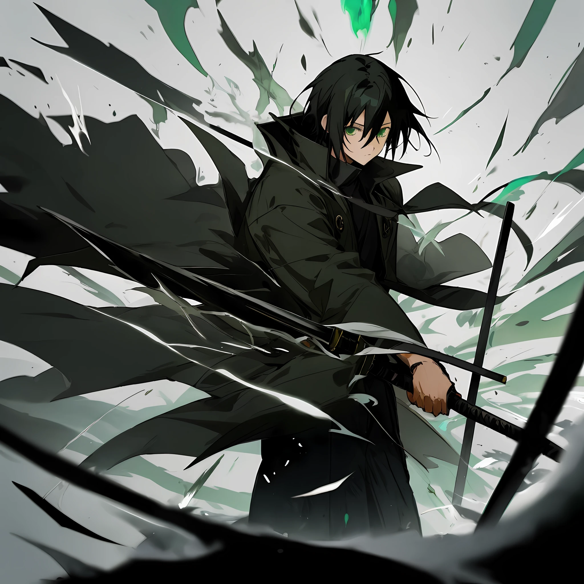 Anime character, with black hair, black coat with dark green details, holding a black ax in each hand, with an aura of suspense around him