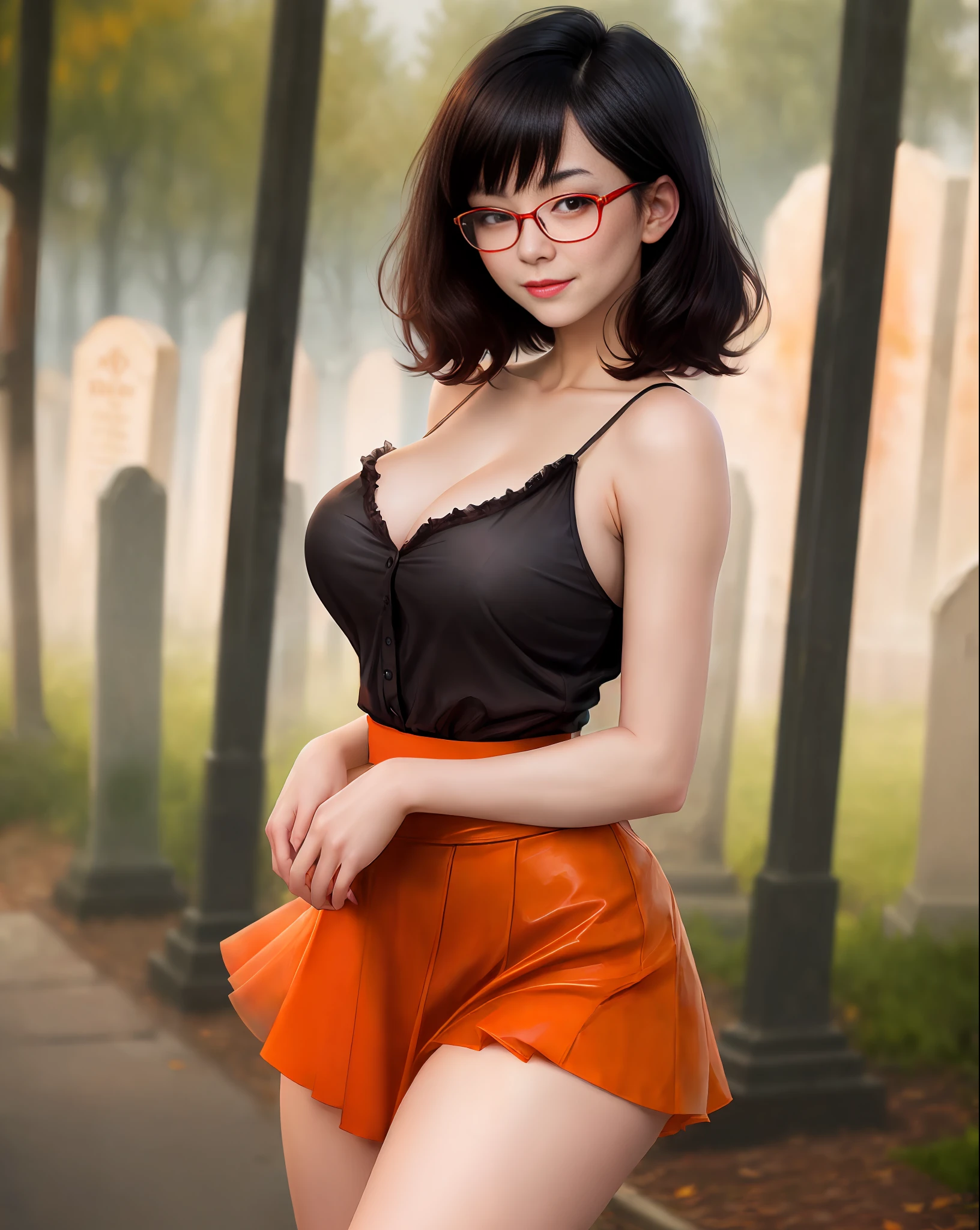 Excited perverted girl, Velma from Scooby Doo anime, western facial features, short black hair, short and open orange color organza blouse, very sensual, very sensual red high school skirt, posing for photo, large breasts, submissive look, perverted smile, glasses, cemetery, fog, , cloudy night, climate of terror, dawn, crosses, suspense, (masterpiece, blurred background, natural lighting, depth of field, ultra detailed and realistic photography, 100mm lens), portrait style