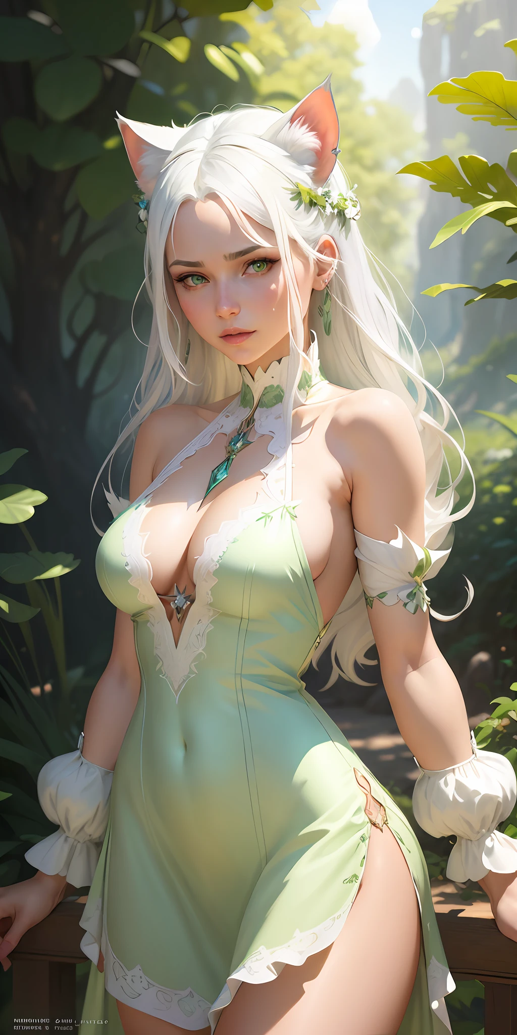ultra realistic illustration, dream girl with white hair, with light green eyes, with cat ears, in a sundress, intricate, elegant, highly detailed, digital painting, artstation, concept art, smooth, sharp focus, illustration, art by artgerm and greg rutkowski and alphonse mucha