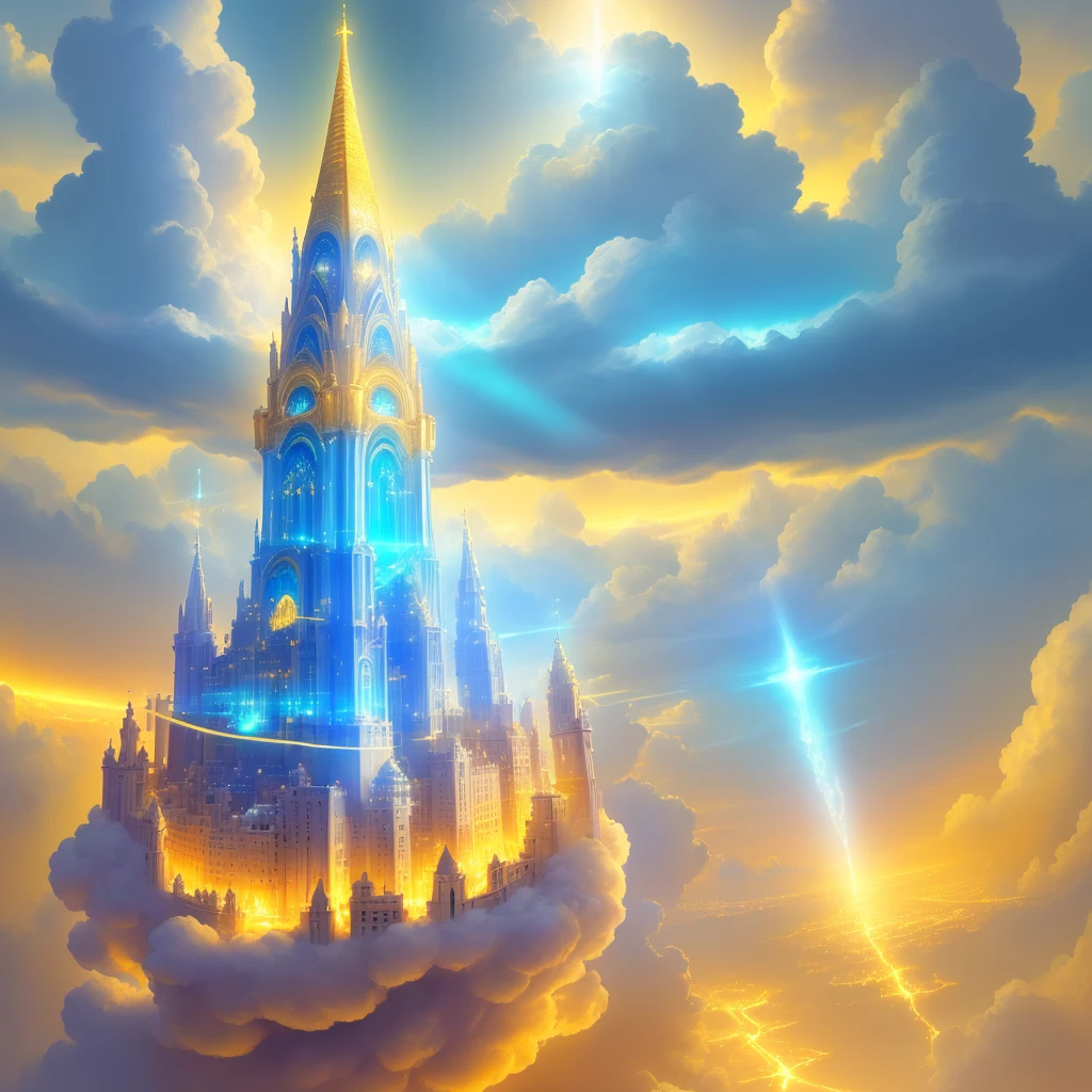 godly light emanating from sky and falling over a city, light made of soft and calid fire, golden fire covering the city, magical, fantasy, digital art, devianart, wide scene, sky over city, celestial, heavenly light, holy, whites and lightblue