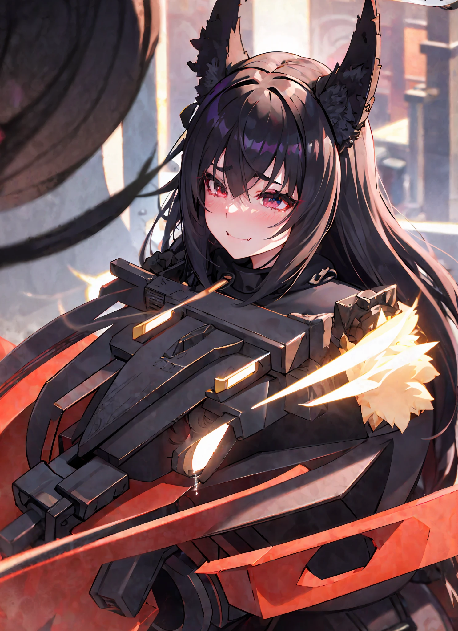 black hair, hair bobbles, wince, longeyelashes, solid circle eyes, fake animal ears, light smile, ear blush, fang, Surrealism, drop shadow, anaglyph, stereogram, tachi-e, pov, atmospheric perspective, blind box toy style, reflection light, 8k, super detail, ccurate, best quality