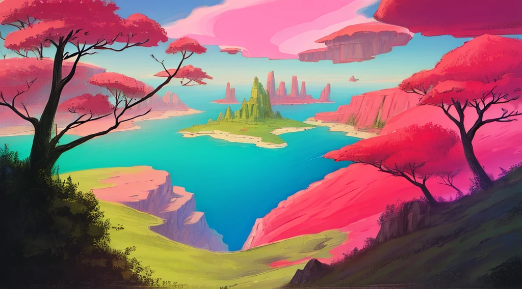 fantasy landscape, surrealism, pink, red, green, cyan, yellow