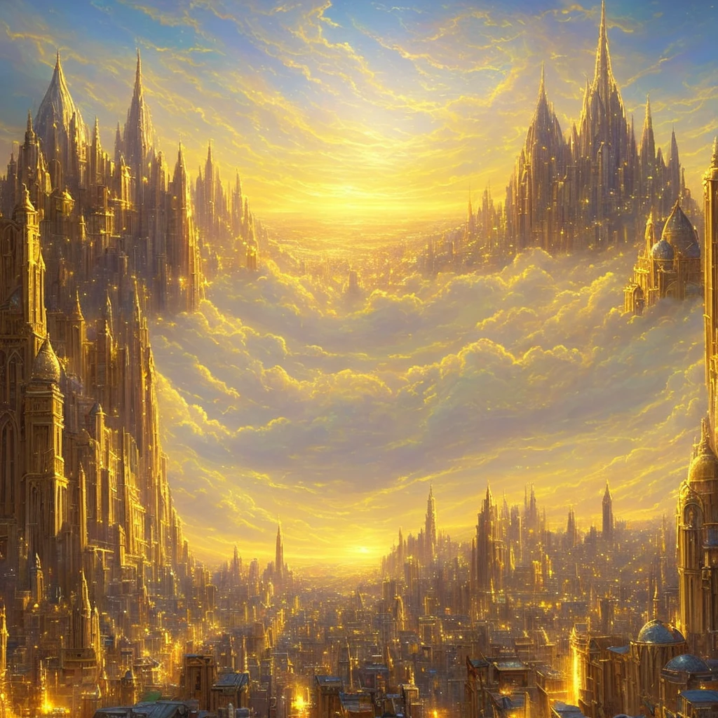 godly light emanating from sky and falling over a city, light made of soft and calid fire, golden fire covering the city, magical, fantasy, digital art, devianart, wide scene, sky over city, celestial, heavenly light, holy, whites and lightblue