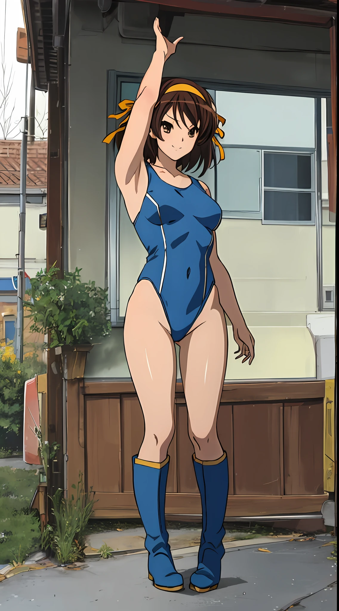 masterpiece, best quality, highres, 1girl, solo, superhero, leotard, blue and white leotard, bare legs, brown hair, short hair, brown eyes, hairband, medium hair, ribbon, boots, matching boots, blue boots, medium breasts, cowboy shot, standing, smile, city backdrop, haruhi suzumiya, kyoani haruhi style, sleeveless,