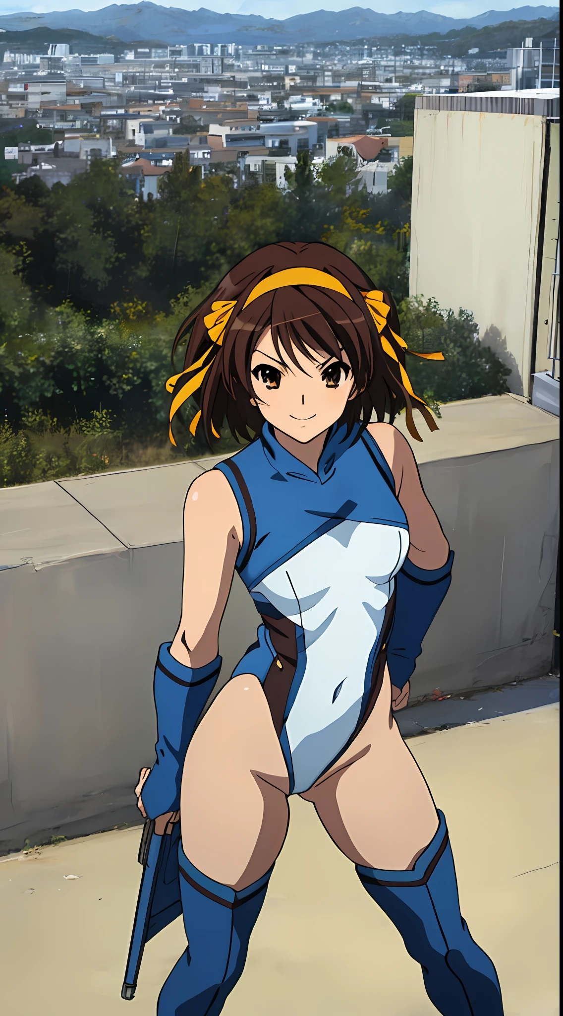 masterpiece, best quality, highres, 1girl, solo, superhero, leotard, blue and white leotard, bare legs, brown hair, short hair, brown eyes, hairband, medium hair, ribbon, boots, matching boots, blue boots, medium breasts, cowboy shot, standing, smile, city backdrop, haruhi suzumiya, kyoani haruhi style, sleeveless,