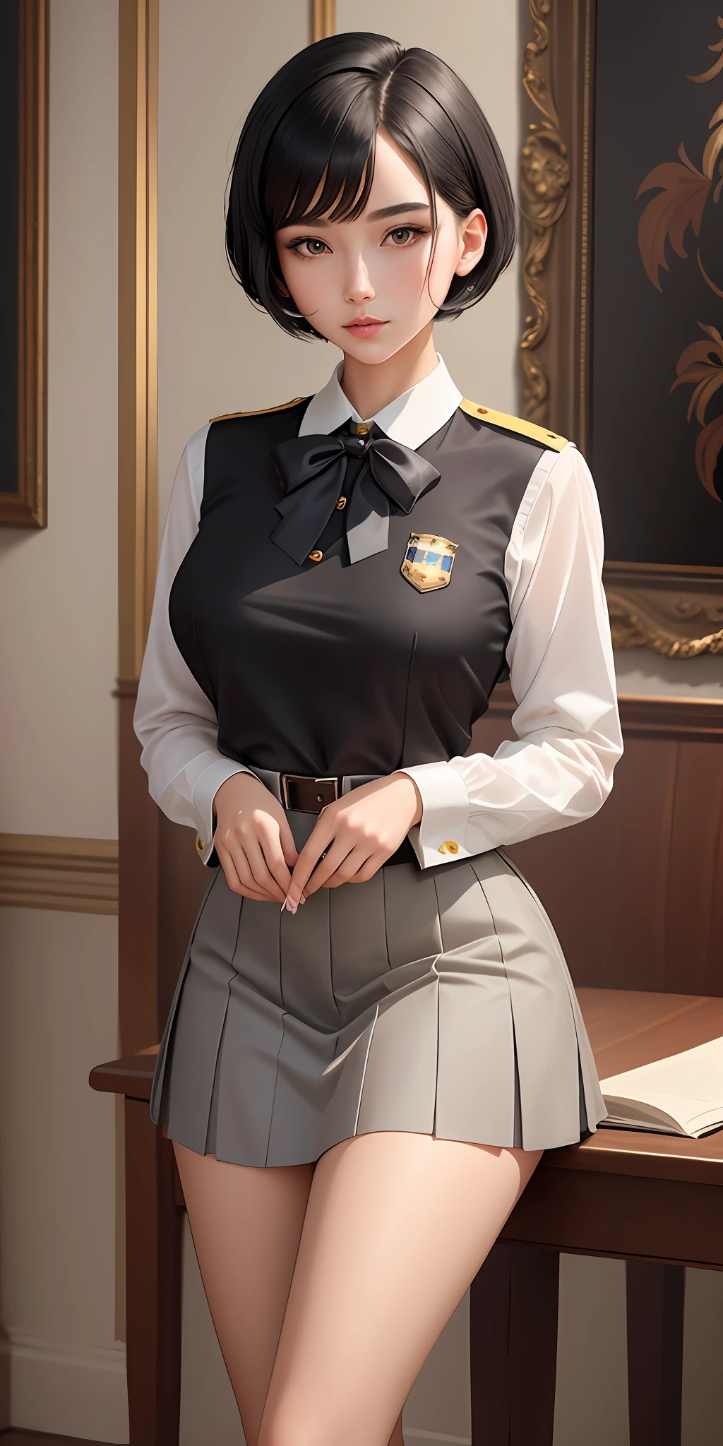 (Elegance in Private School Attire) Behold the elegance of a schoolgirl in a top-tier private school uniform, crafted with exceptional quality and texture. Her short black hair, styled with a chic fringe, perfectly frames her enchanting yellow almond-shaped eyes. With her fair, porcelain-like skin, she exudes an aura of grace and sophistication. This CG artwork showcases the meticulous attention to detail, from the precise stitching on her uniform to the delicate features of her face, making it a testament to the beauty and refinement of a girl in her school attire.