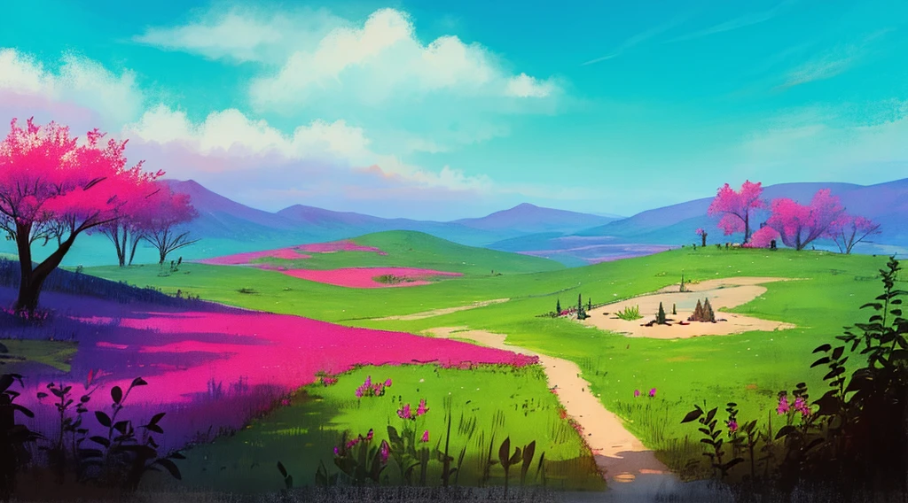 fantasy landscape, surrealism, magenta, green, cyan, yellow