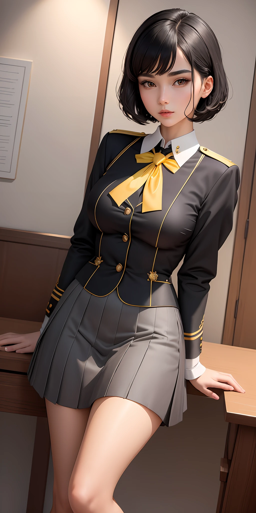 (Elegance in Private School Attire) Behold the elegance of a schoolgirl in a top-tier private school uniform, crafted with exceptional quality and texture. Her short black hair, styled with a chic fringe, perfectly frames her enchanting yellow almond-shaped eyes. With her fair, porcelain-like skin, she exudes an aura of grace and sophistication. This CG artwork showcases the meticulous attention to detail, from the precise stitching on her uniform to the delicate features of her face, making it a testament to the beauty and refinement of a girl in her school attire.