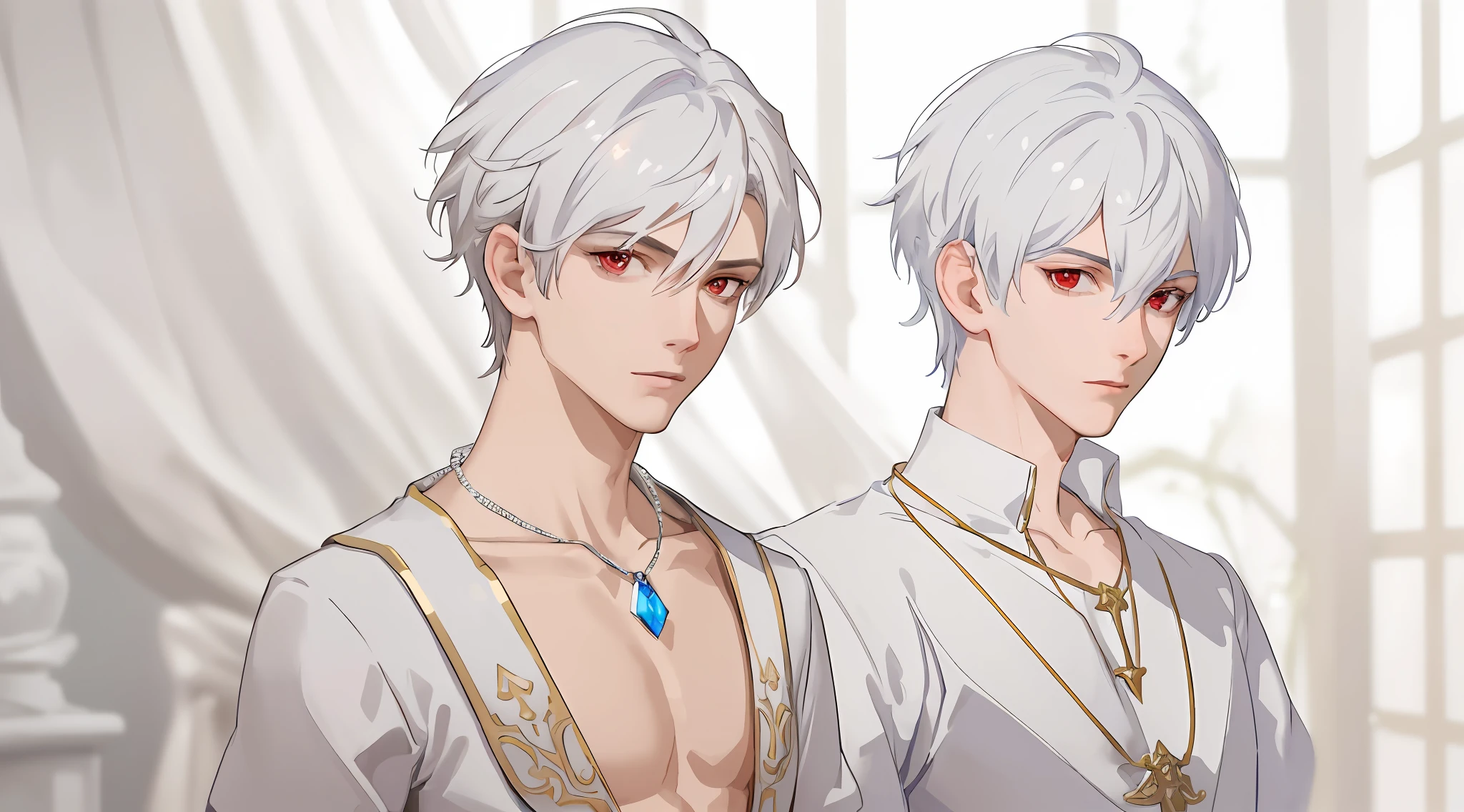 best quality, masterpiece,highly detailed,semi-realistic,1boy, androgynous boy,upper body,cleric,hiqcgbody,cleavage,perfect face,red eyes,white hair,hair ornament,gem,necklace,fantasy background,depth of field,looking at viewer,motion blur,dynamic angle,