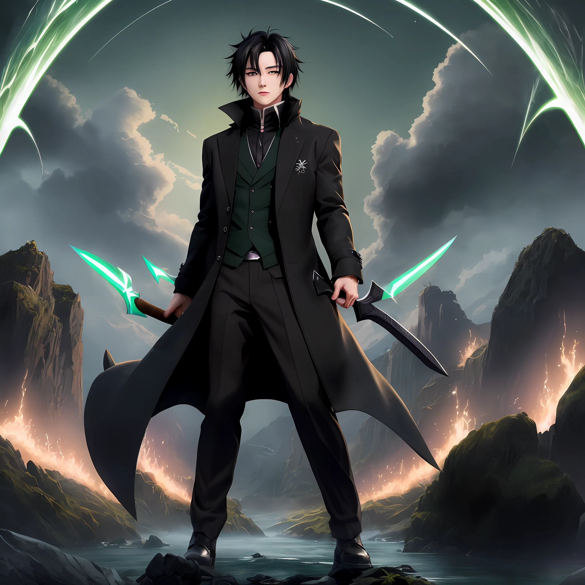 Anime character, straight black hair back, with black overcoat, dark green details on clothing, holding an axe with green energy, with a mysterious aura around it