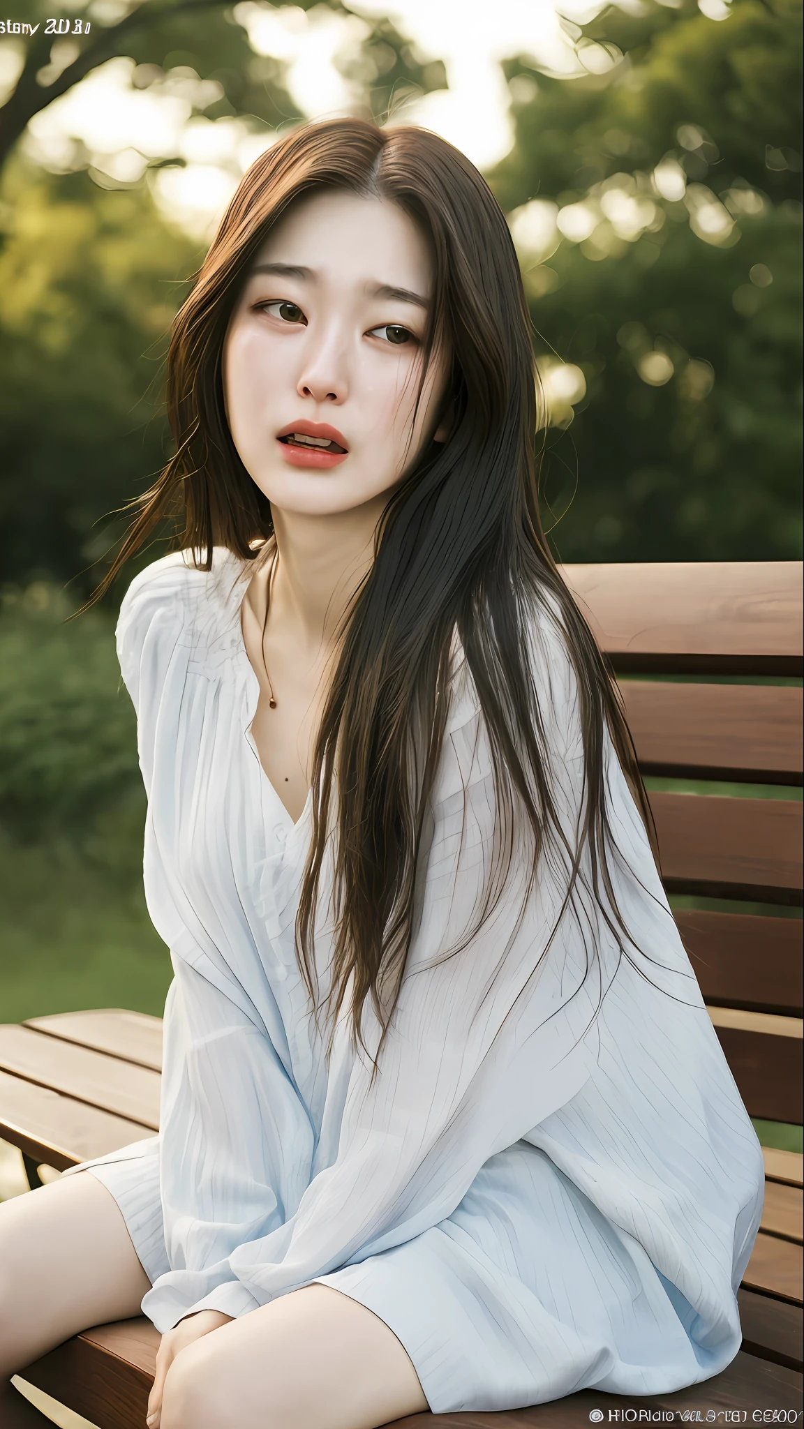 8k, top quality, masterpiece:1.2), (realistic, photo-realistic:1.37), top quality, masterpiece, beautiful woman, loose hair, side position, crying, sad, sitting on a bench, sad face