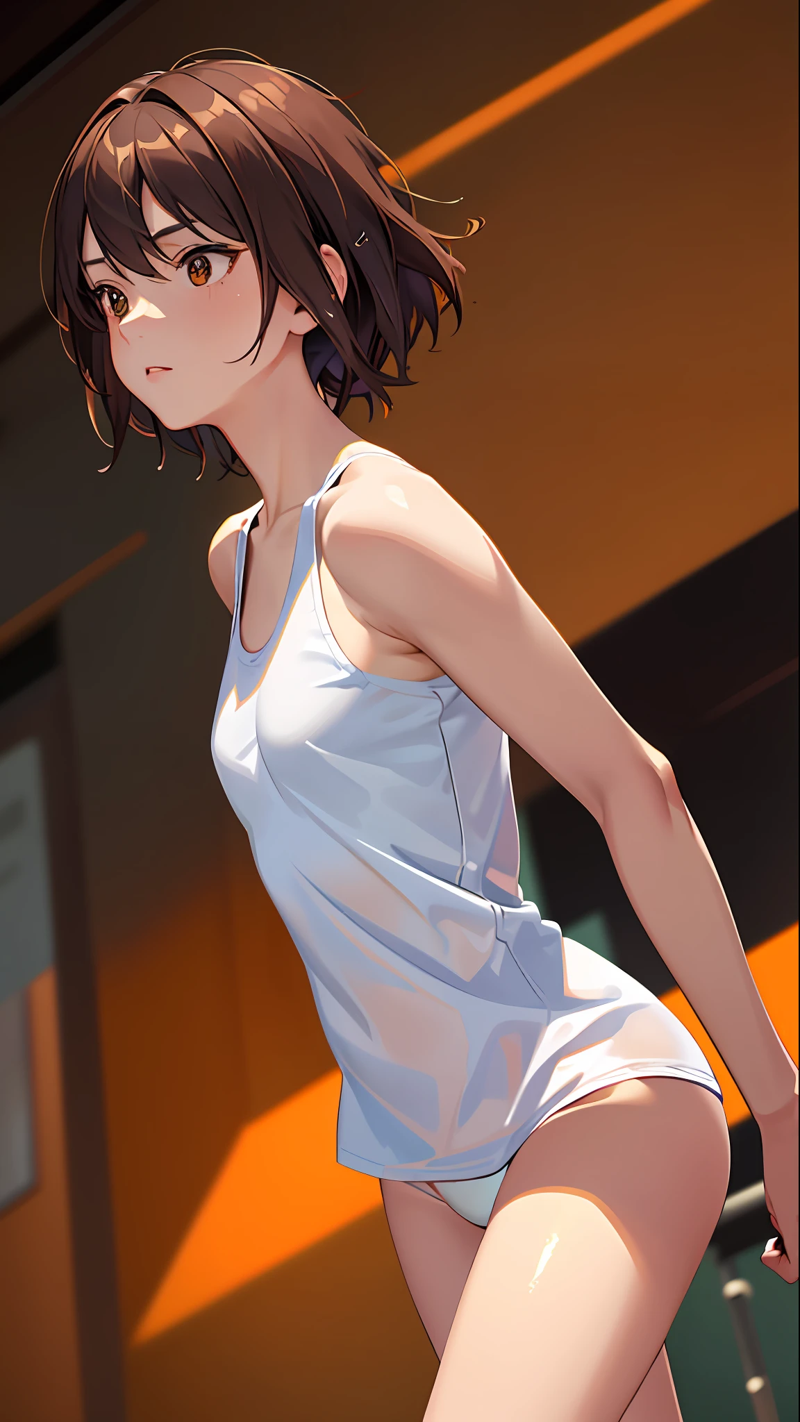 1girl, solo, anime girl in orange blouse, running, physical education, brown hair, brown eyes, masterpiece, best quality, realistic, hyper-detailed, shiny skin, sweaty, slender, small breasts, , sfw, ecchi, sensual, shoulders showing, dynamic lighting, high resolution, sharp focus, depth of field