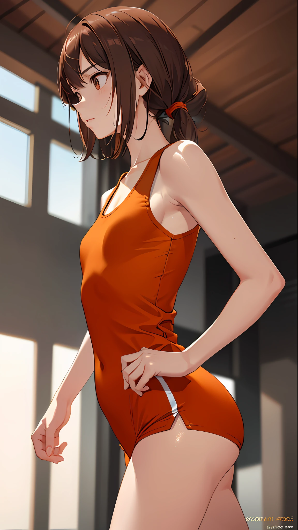1girl, solo, anime girl in orange blouse, running, physical education, brown hair, brown eyes, masterpiece, best quality, realistic, hyper-detailed, shiny skin, sweaty, slender, small breasts, , sfw, ecchi, sensual, shoulders showing, dynamic lighting, high resolution, sharp focus, depth of field