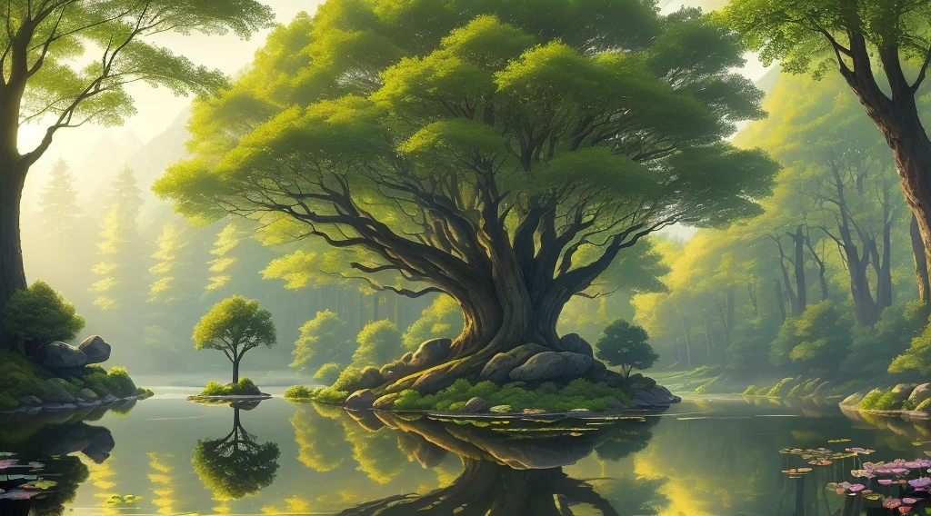 (tranquility, pond, forest ), (running water, picturesque, stone), (charming, canoe with fisherman in the water), (big tree ), (peace, serenity, alone), (detailed description: mirror reflection, lotus, tree, tree shadow
